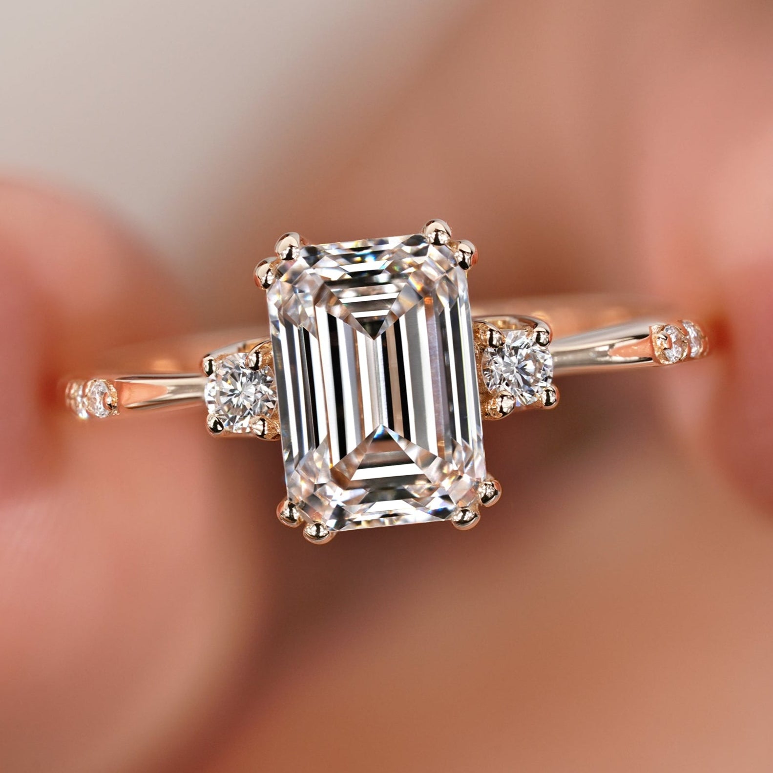 Emerald Engagement Ring - Three Stone Setting