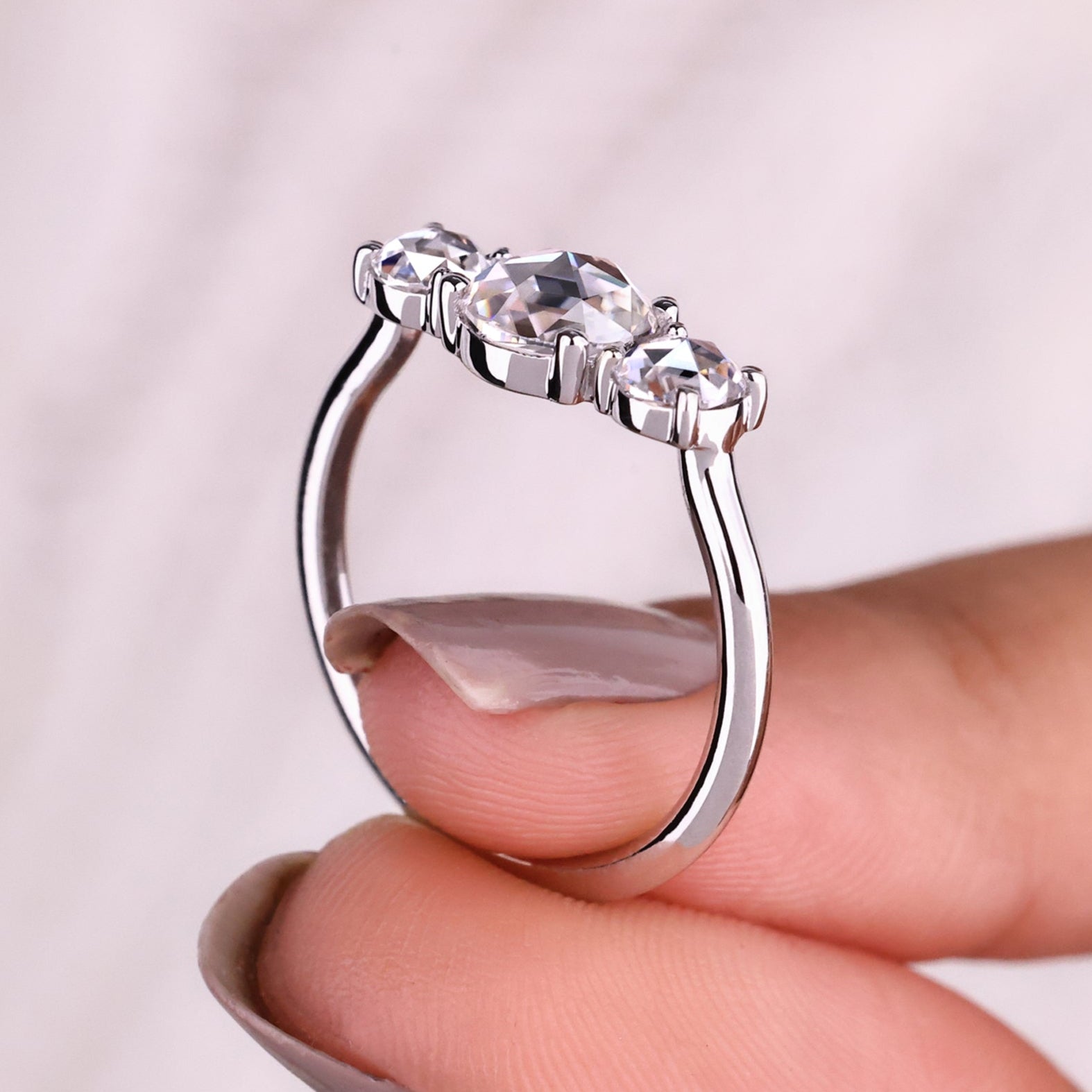 Three stone diamond ring, round diamond engagement ring, handmade ring
