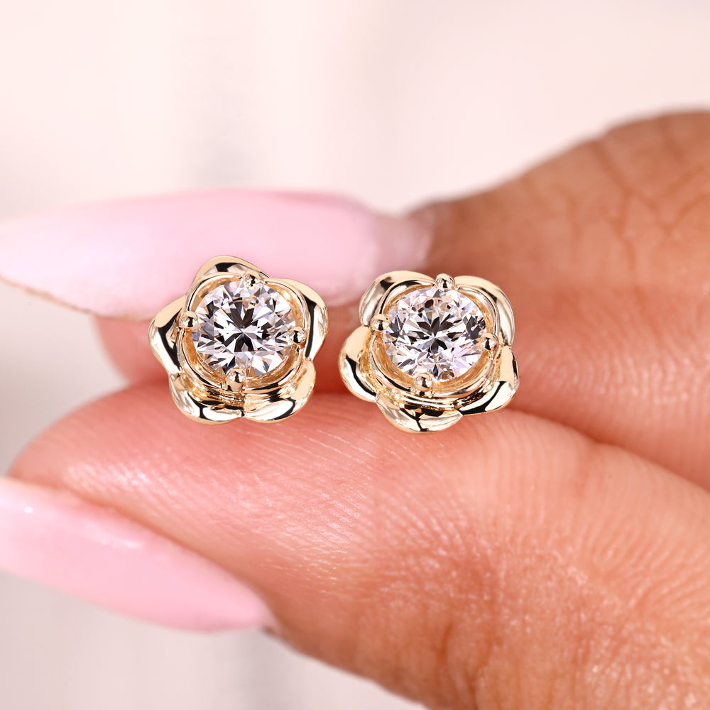 Flower shape diamond earrings with round lab grown diamonds.
