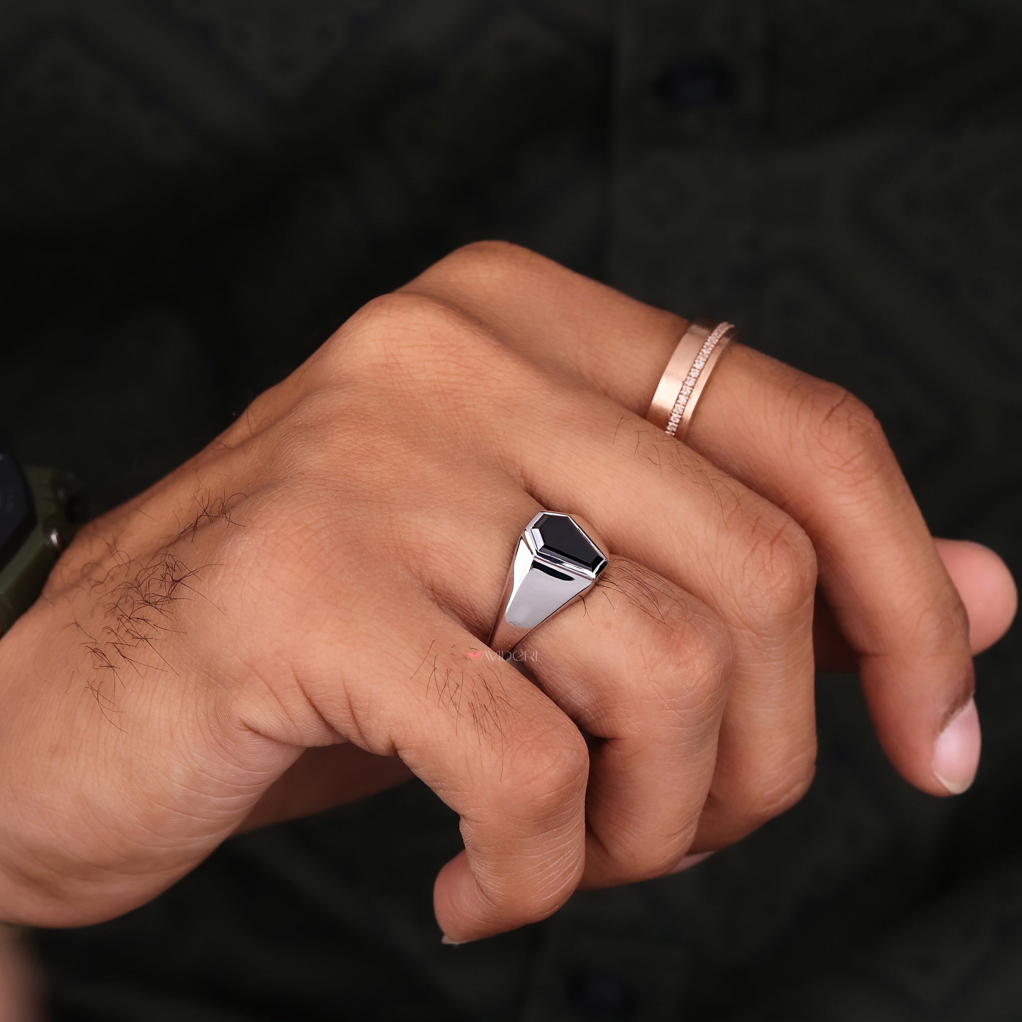 Black Coffin cut Moissanite wedding ring featuring a unique modern cut.