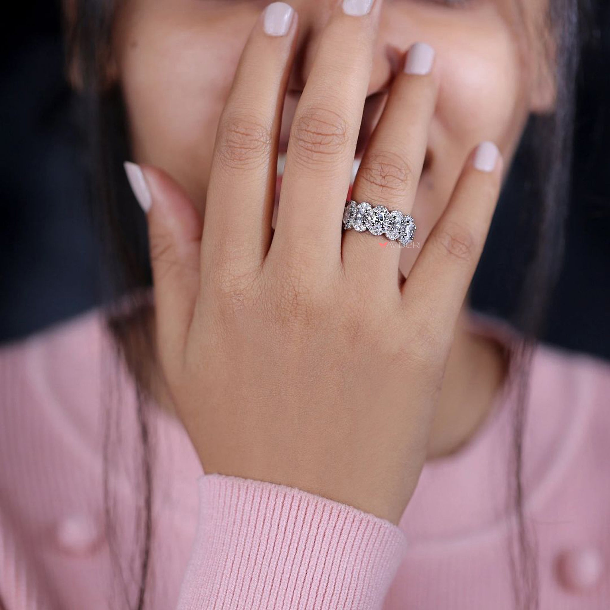 Seven stone oval cut moissanite wedding band handmade.