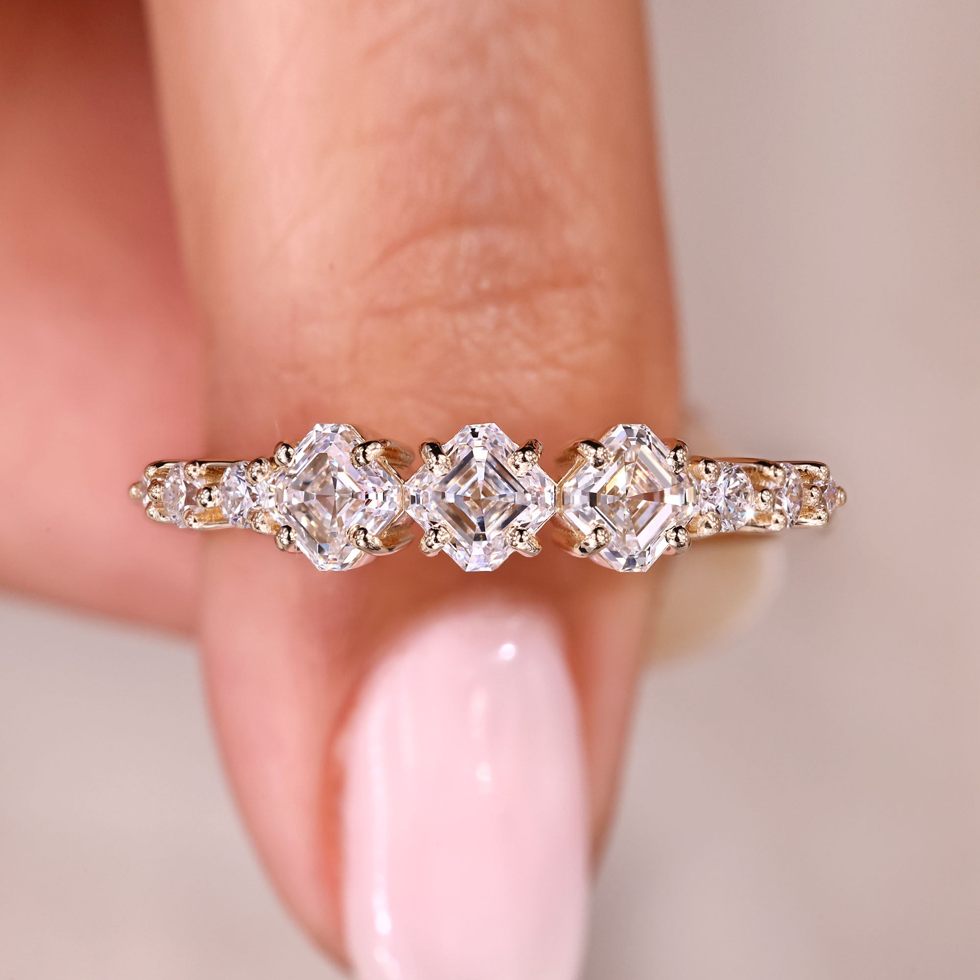Half eternity wedding band with asscher and round diamonds.
