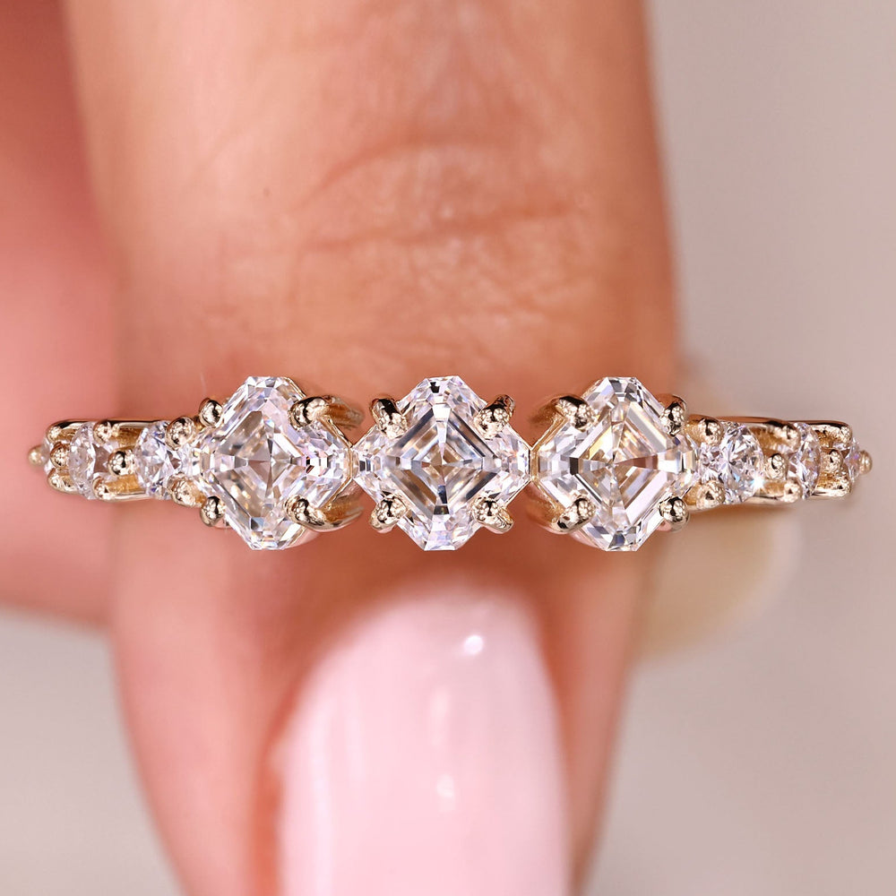 Half eternity wedding band with asscher and round diamonds.
