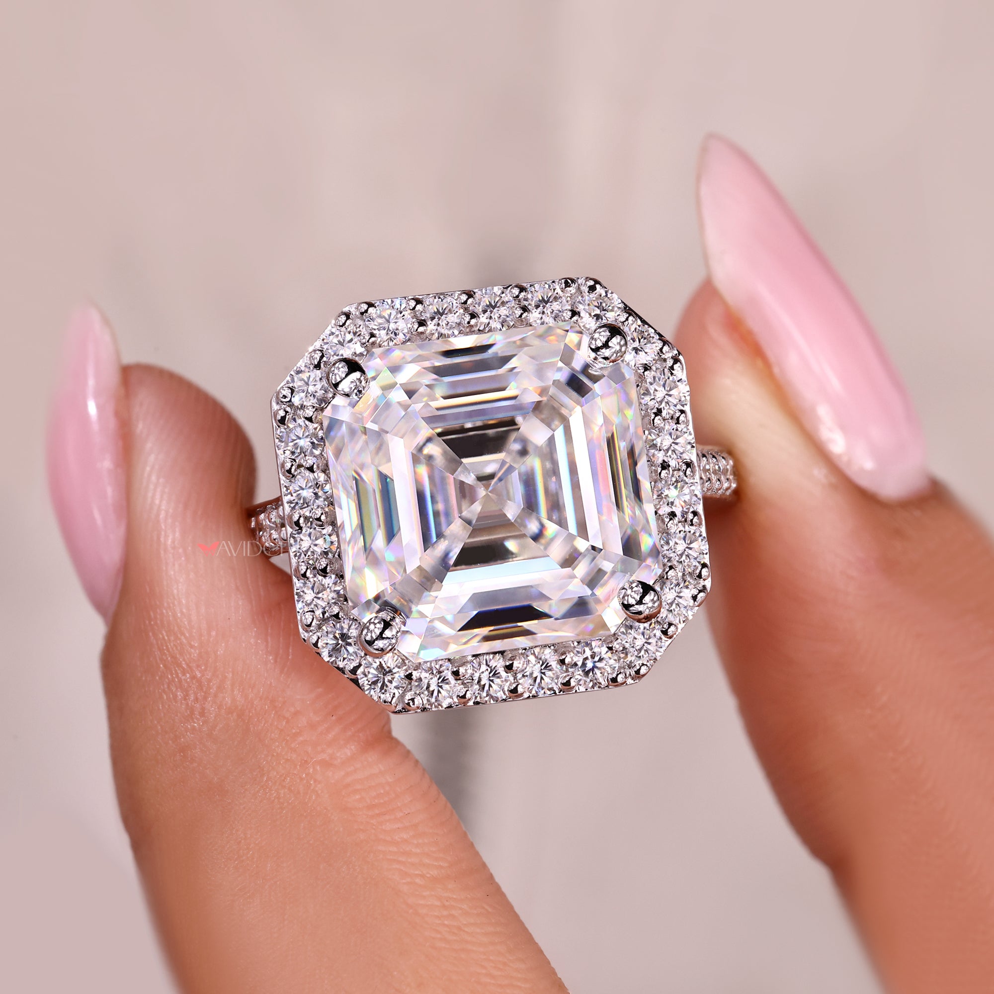 Handmade Asscher cut moissanite ring with pave style.