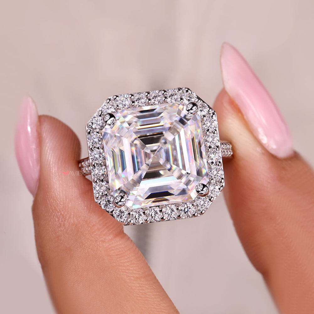 Handmade Asscher cut moissanite ring with pave style.