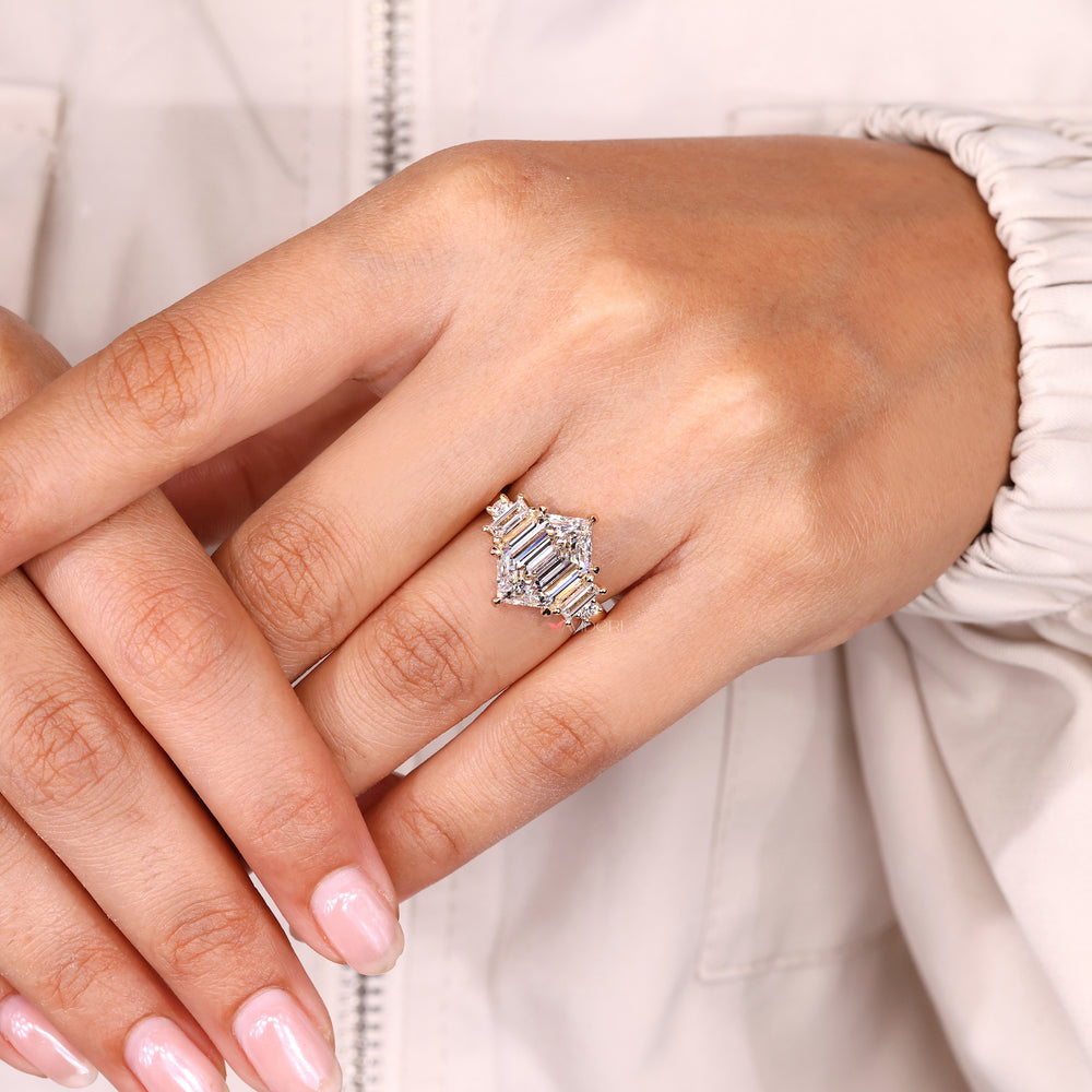 Handmade hexagon diamond ring five stone style.
