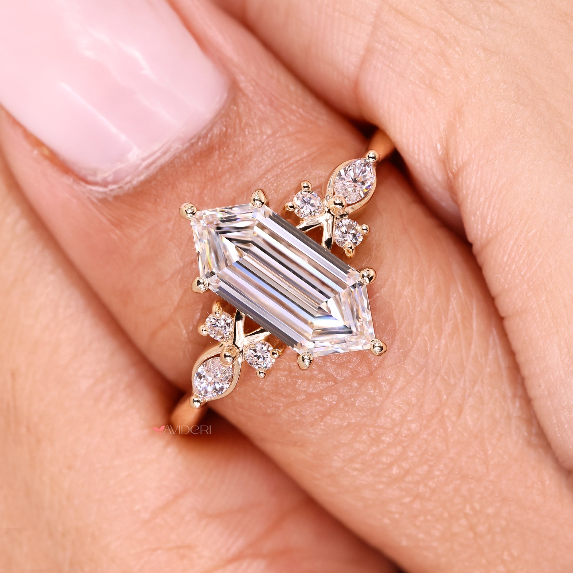 Avideri hexagon step cut diamond ring.
