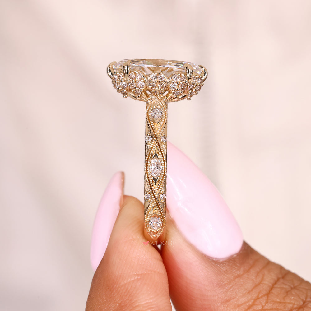 Lab grown marquise diamond ring with hidden halo setting
