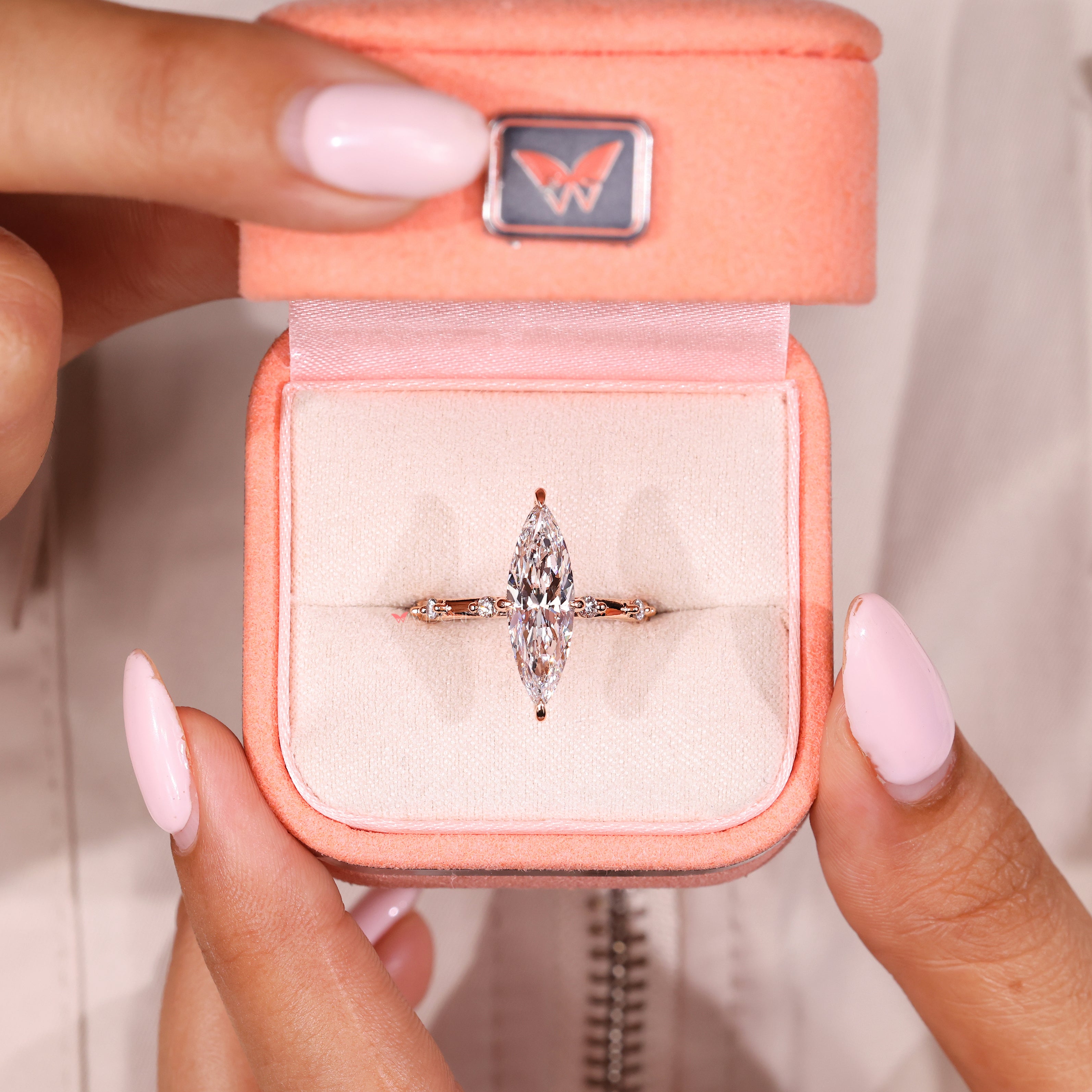 Handmade lab grown marquise ring with claw prong setting
