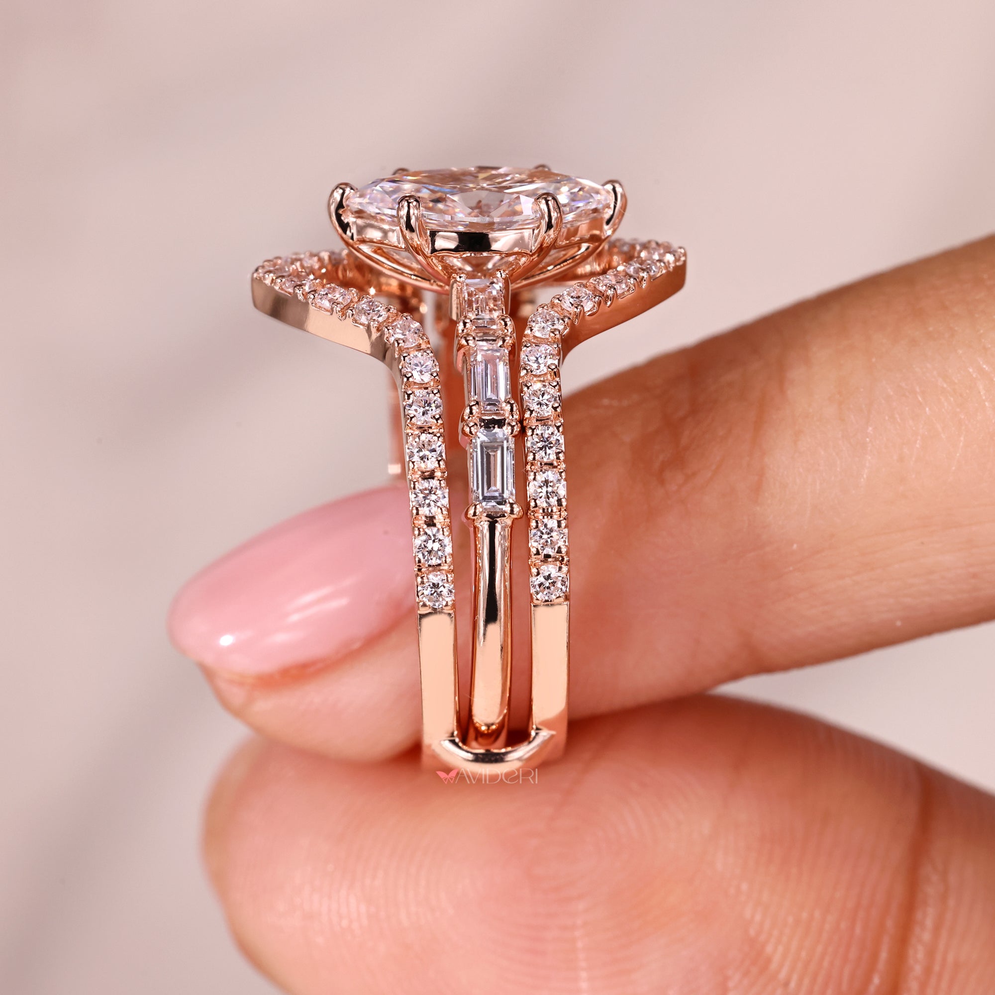 Baguette cut pave band ring with 6 prong setting ring.