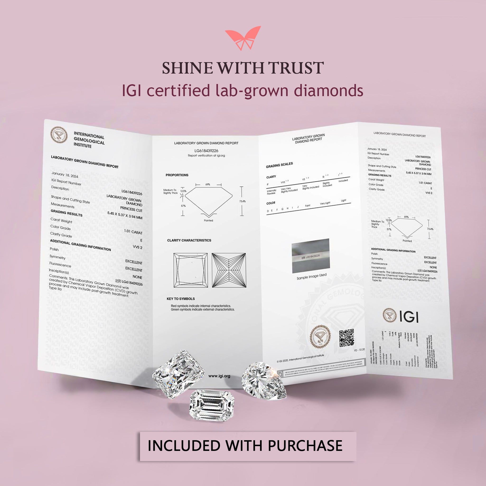 IGI certified lab-grown diamonds certification document on a pink background