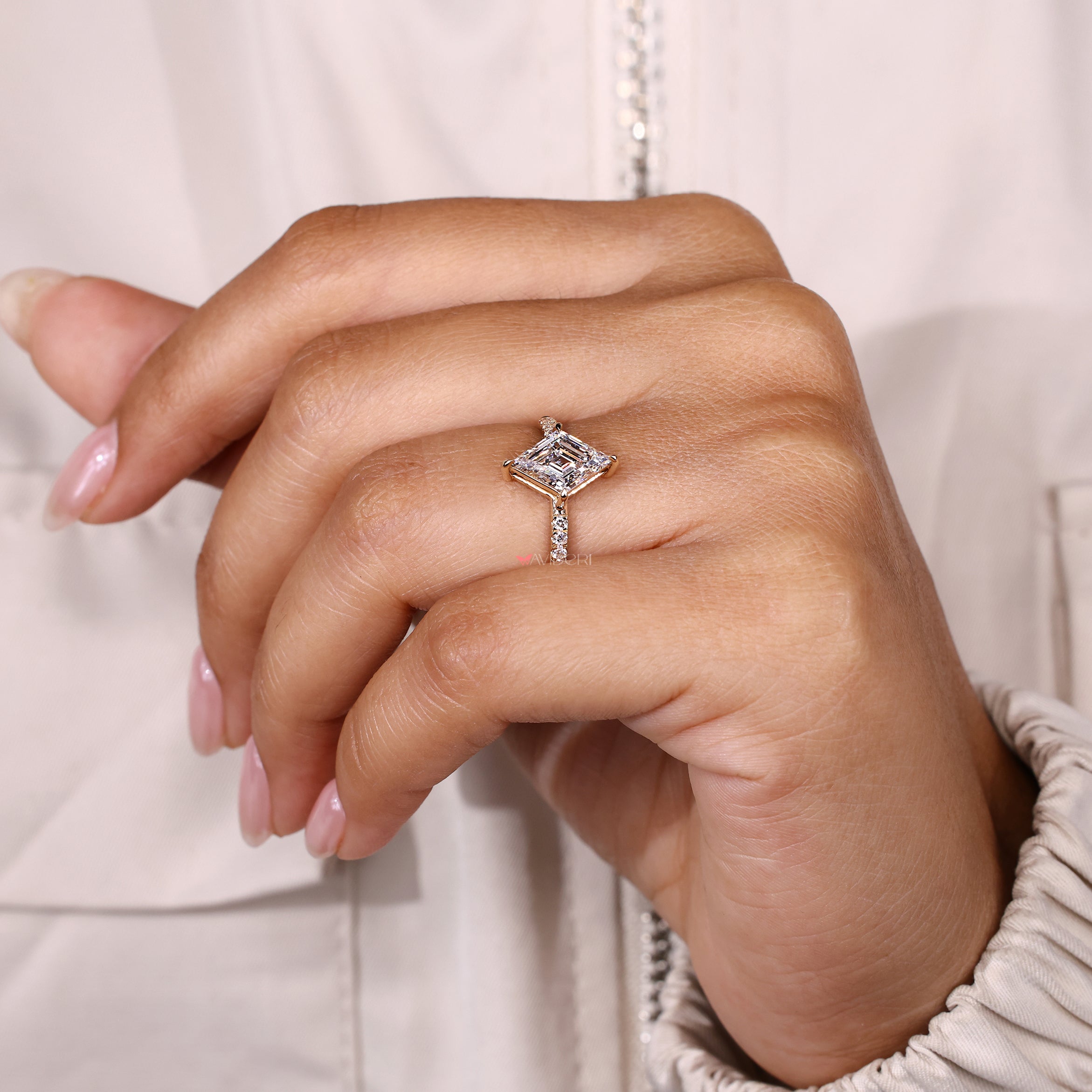 Handmade lozenge ring with prong setting style.
