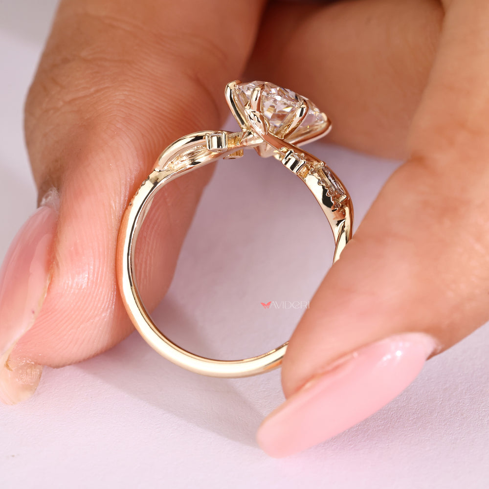 Oval diamond ring with pavé setting and six claw prongs
