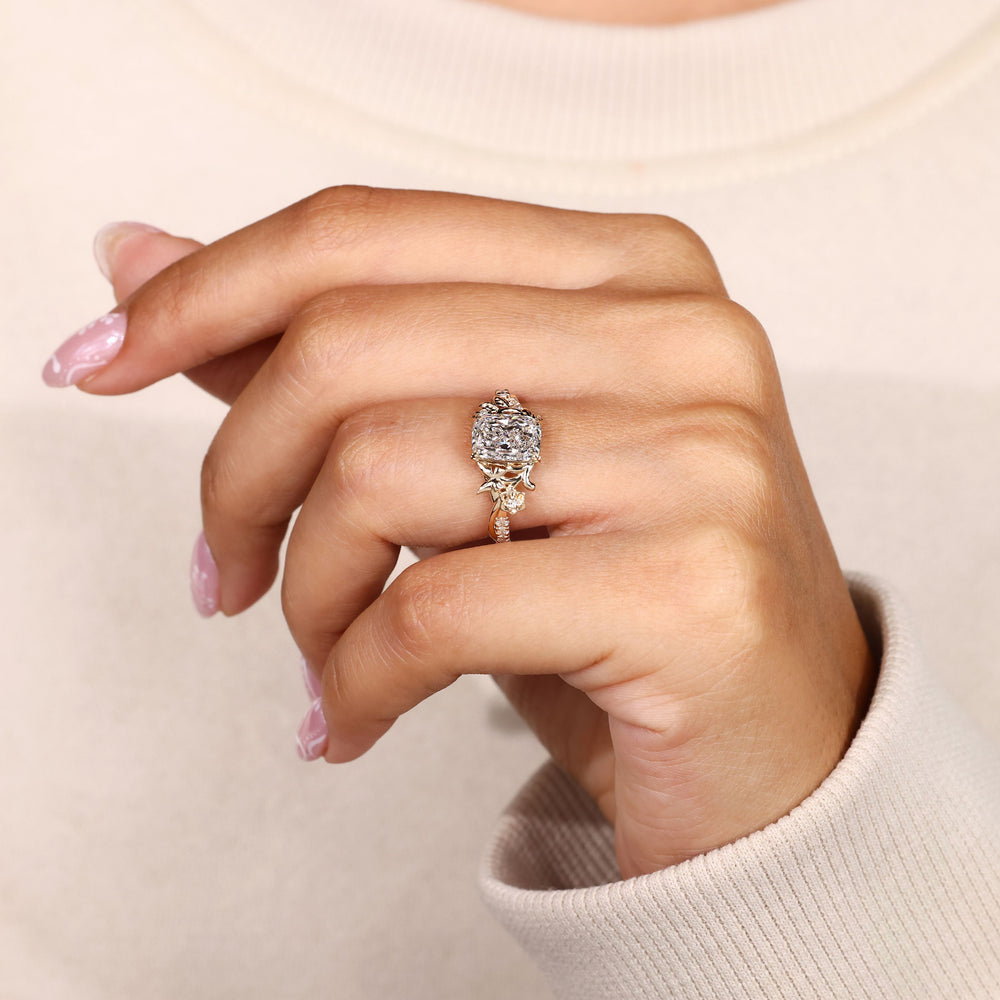 Pave Cushion diamond ring with nature inspired style.

