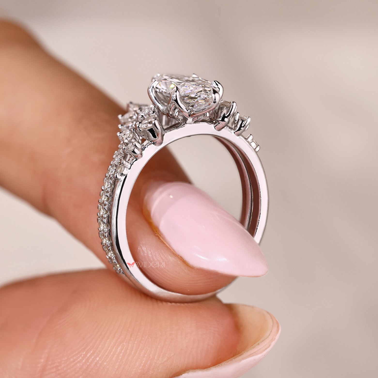 IGI certified marquise ring set with curved wedding band
