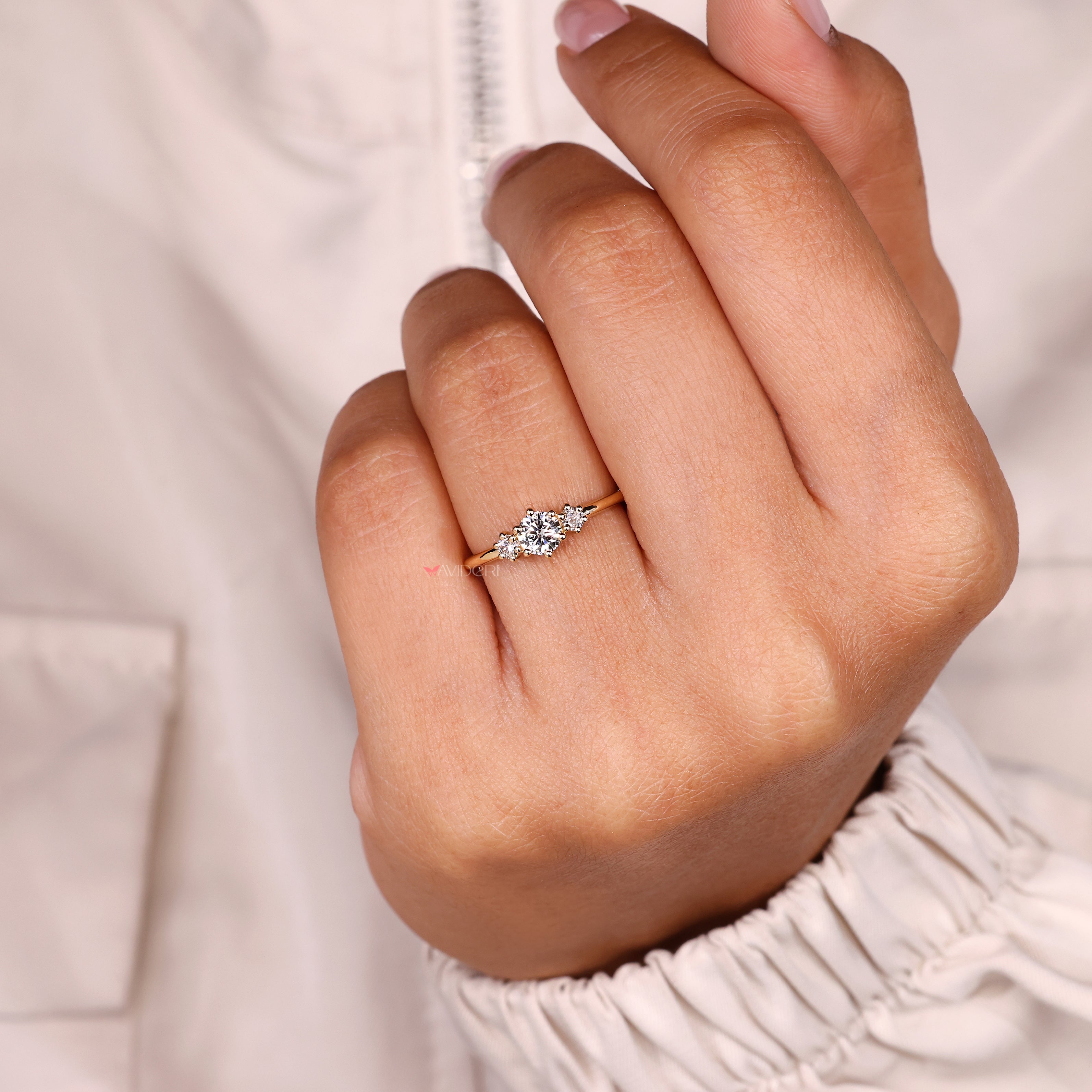Three stone round diamond ring handmade style.

