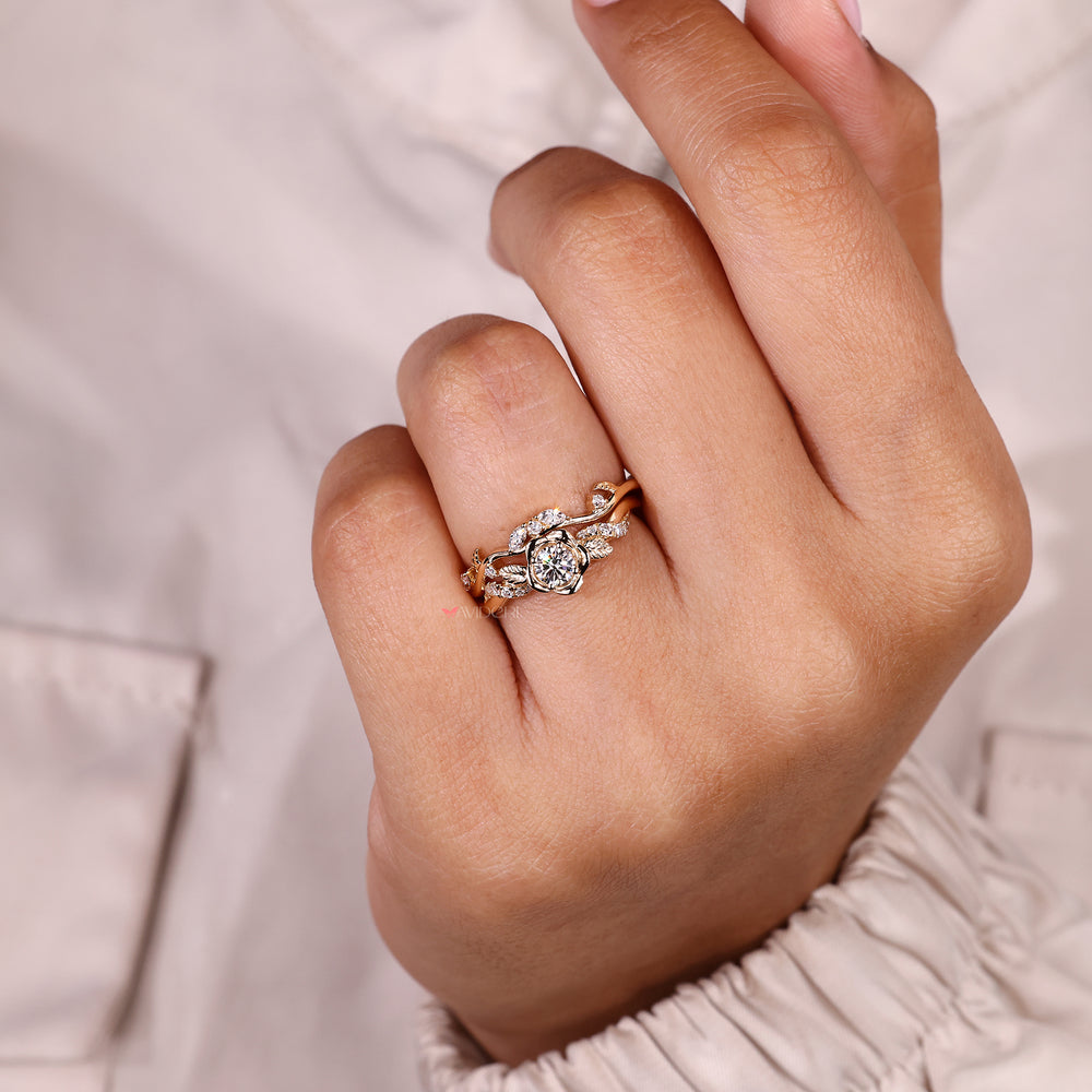 Lab grown round diamond ring with floral diamond band.