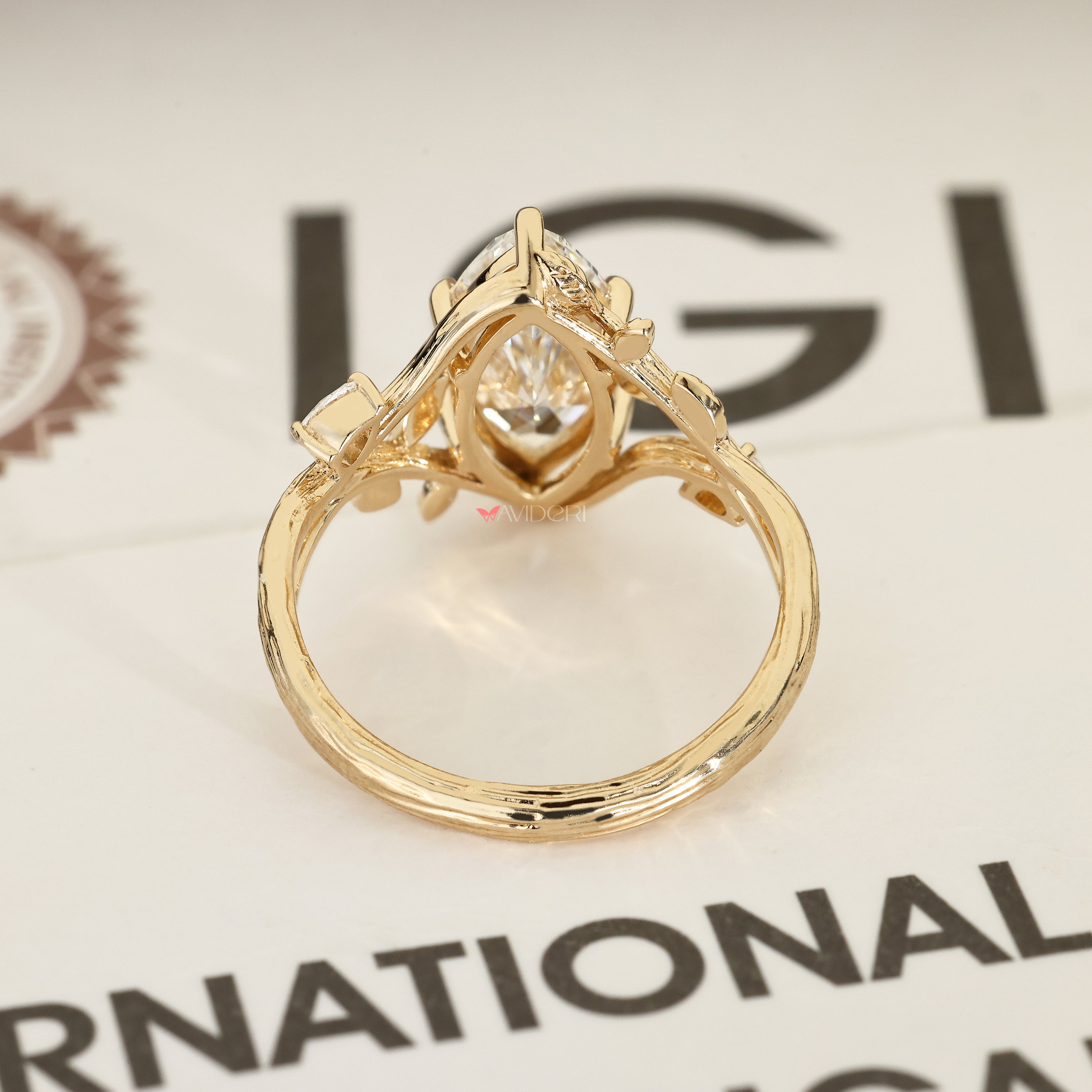 IGI certified marquise diamond ring with six claw prongs
