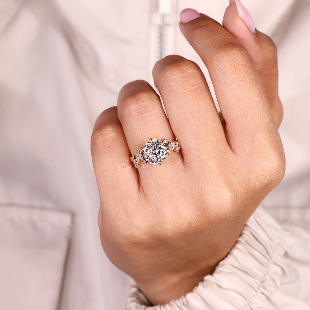 IGI certified lab grown diamond ring with Portuguese cut and nature theme
