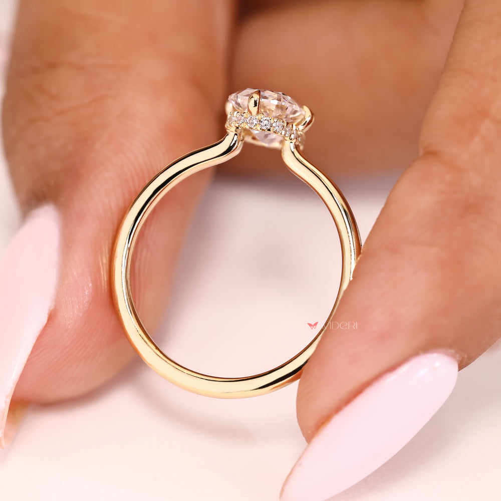 Handmade cushion OEC diamond ring with hidden halo details
