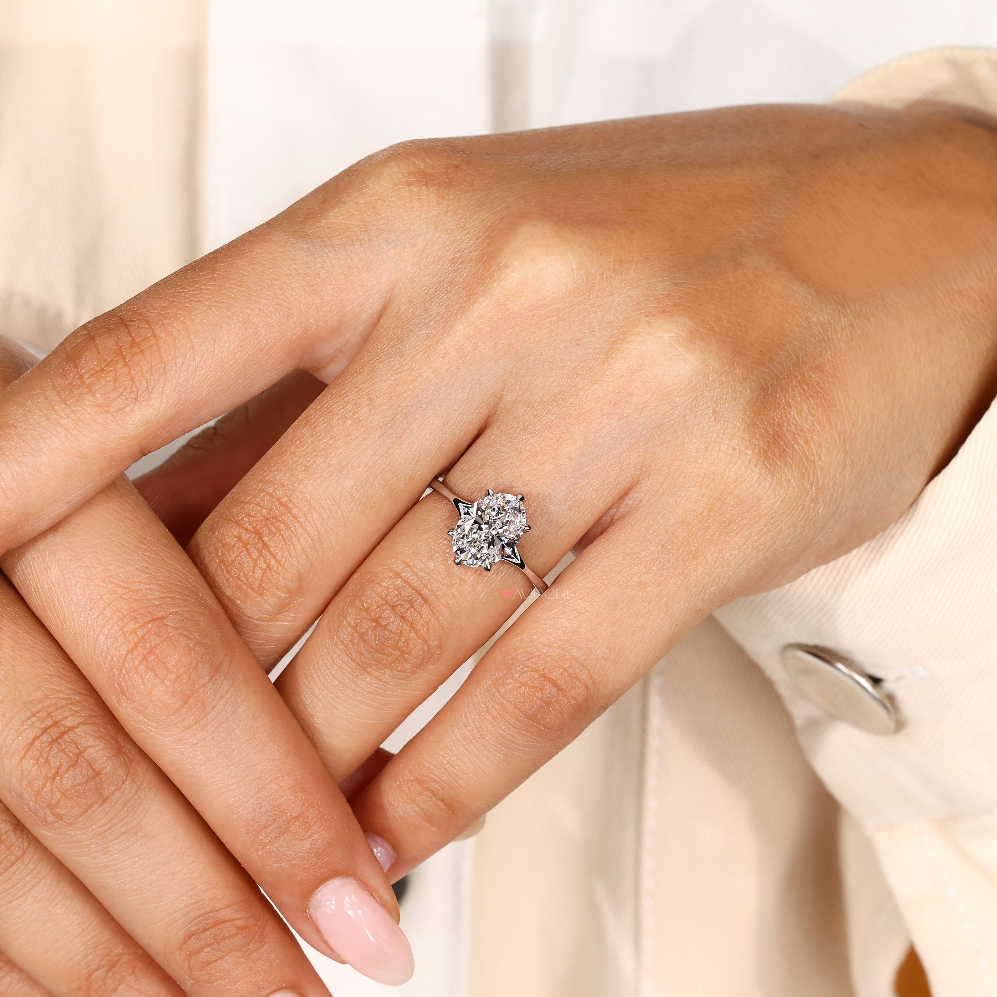 Lab grown oval solitaire ring with split shank.
