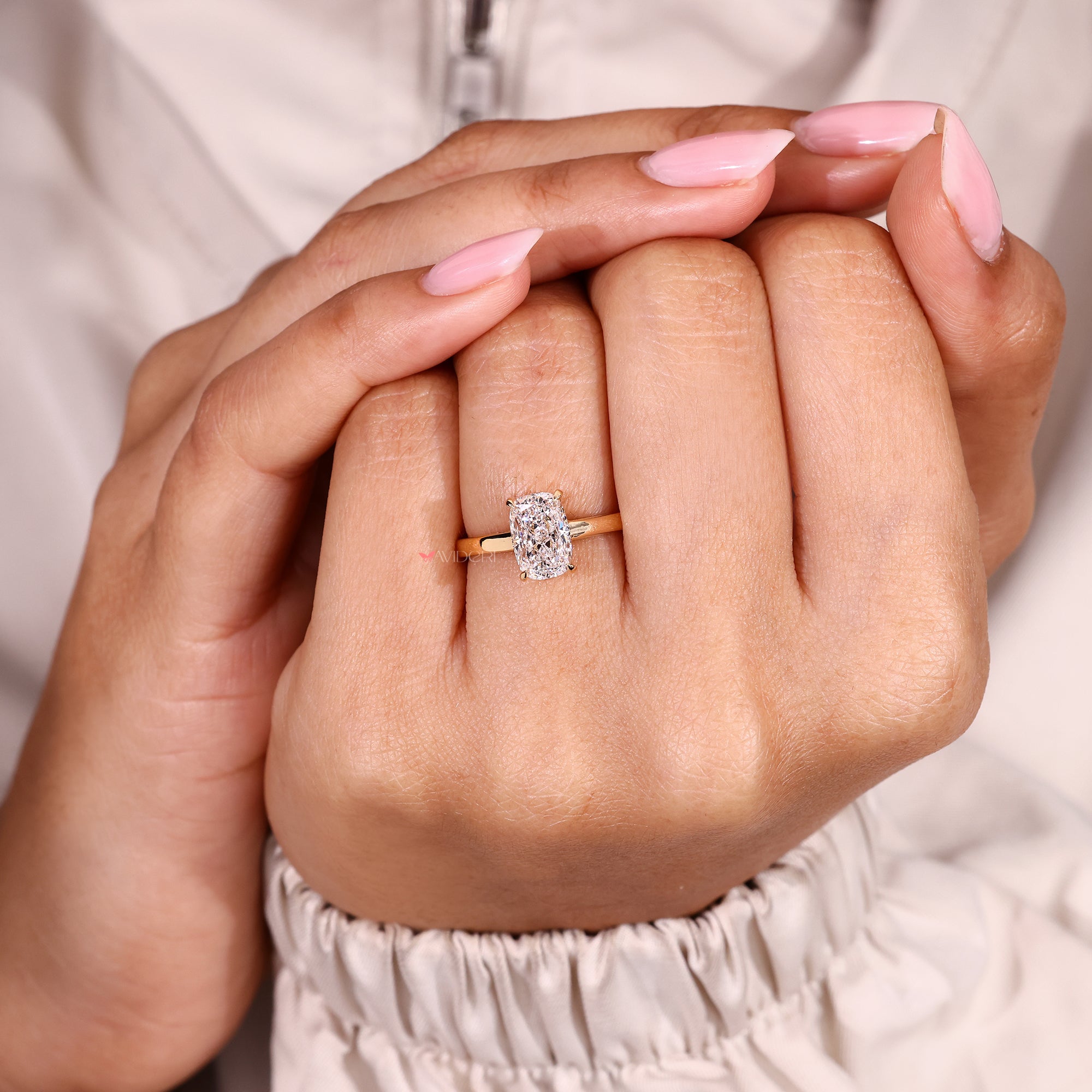 Handmade lab grown cushion cut diamond ring.
