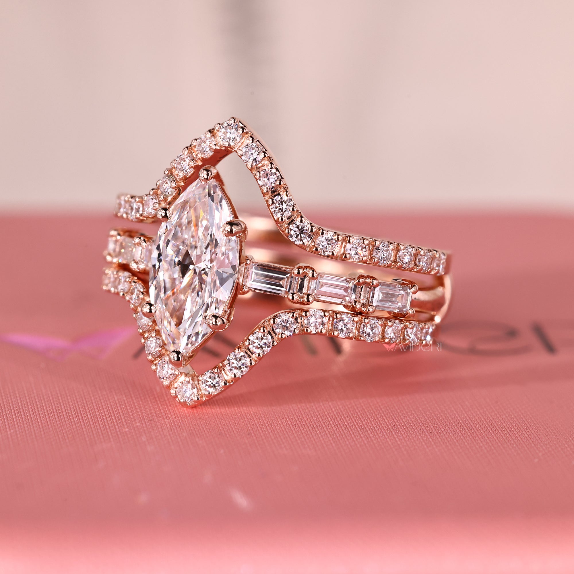 Custom look with ring enhancer wedding band and wrap guard band.