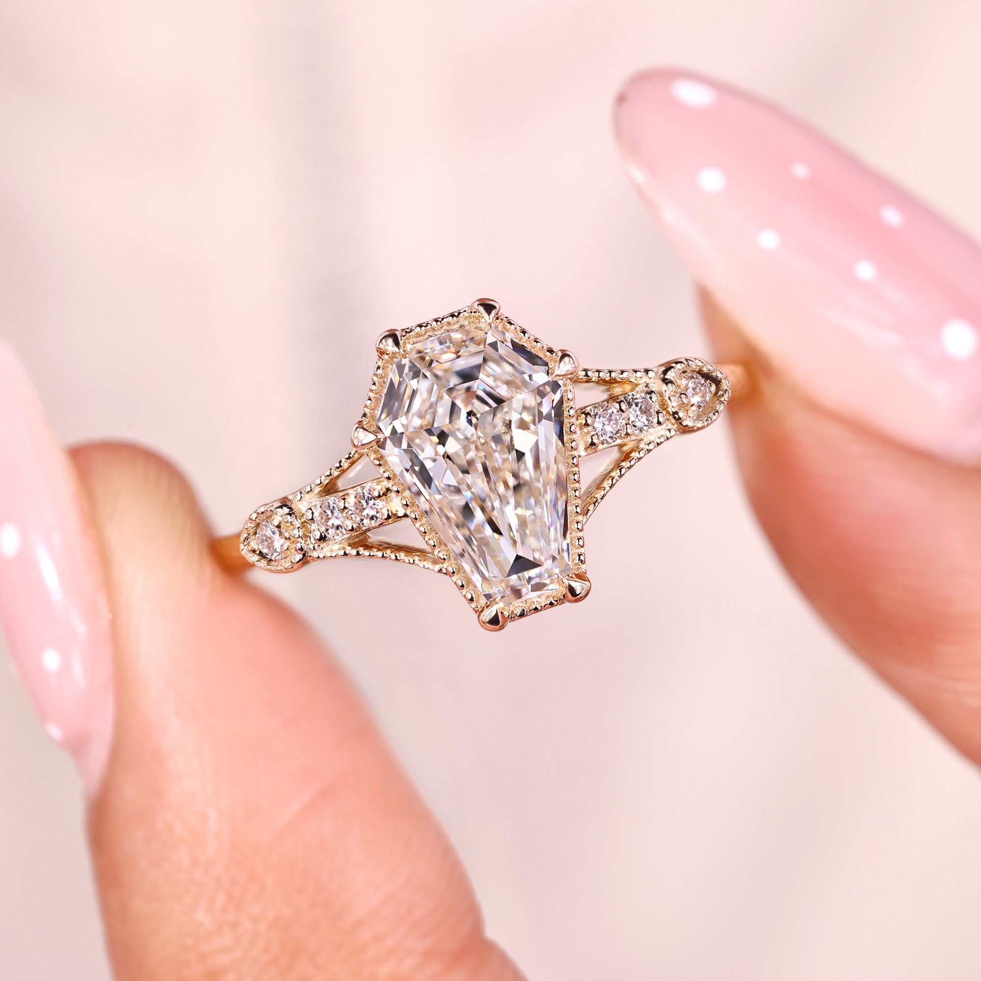 Custom coffin cut diamond engagement ring with milgrain band.