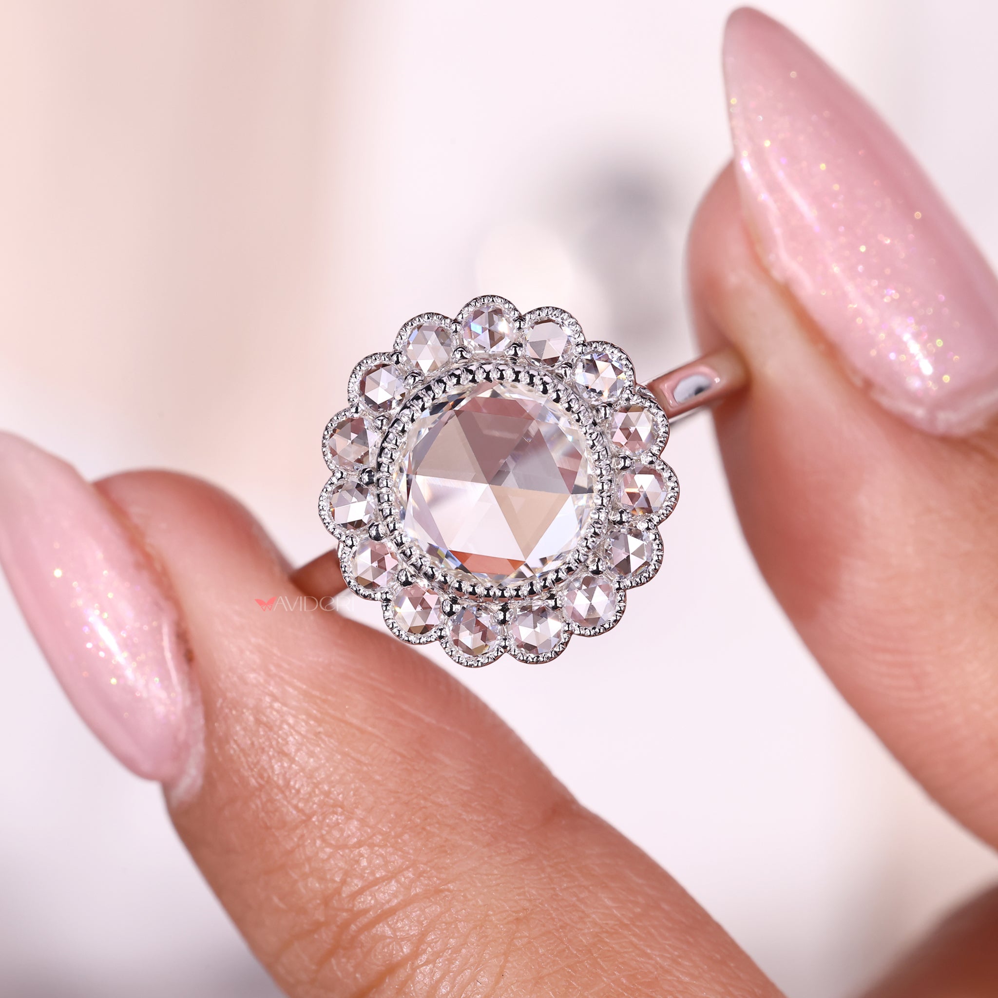 Milgrain Engagement Ring with a round rose cut diamond, adding intricate detail to your proposal.