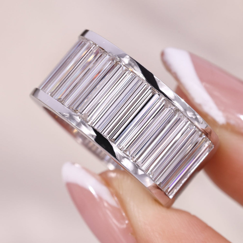 Channel Set Diamond Band in white gold with baguette cut diamonds.
