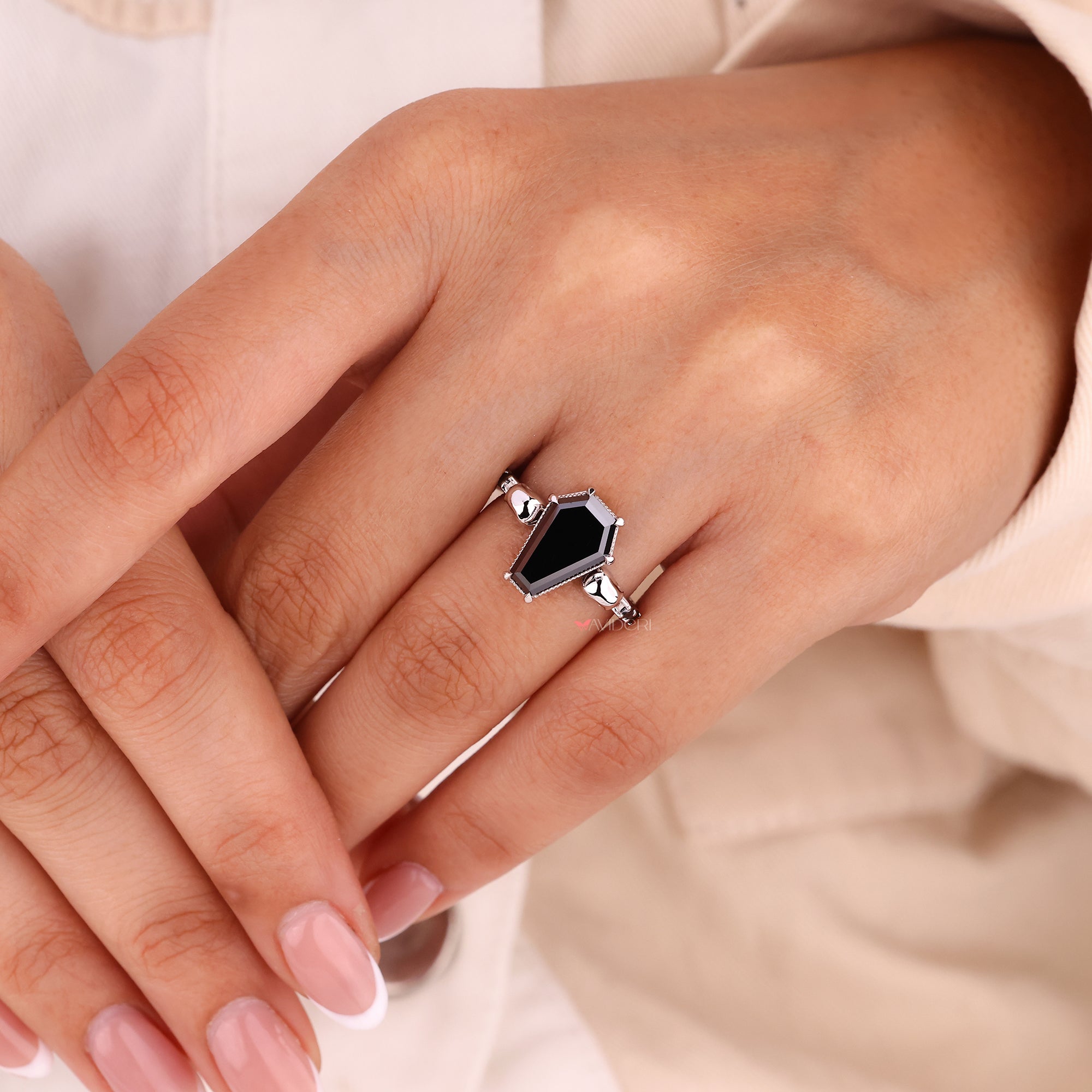 Coffin Cut Black Moissanite Ring With Two Small Skulls Style