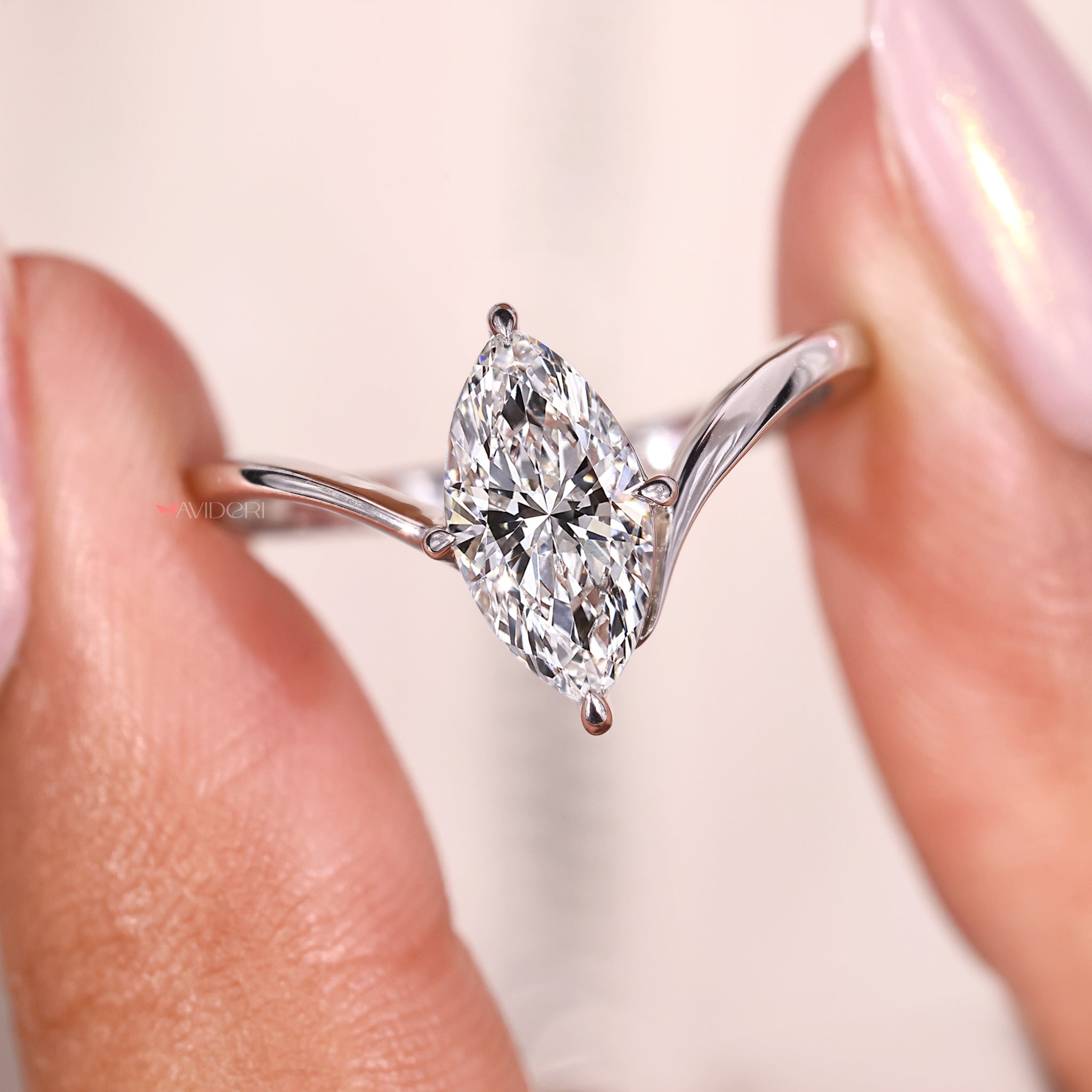 Marquise diamond ring in a handmade jewelry setting.