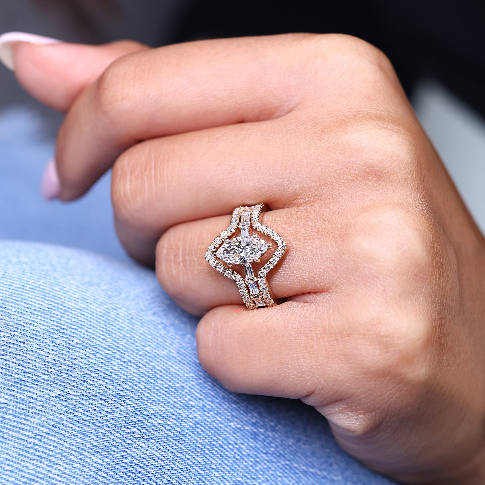 Baguette cut pave band with pave setting ring.