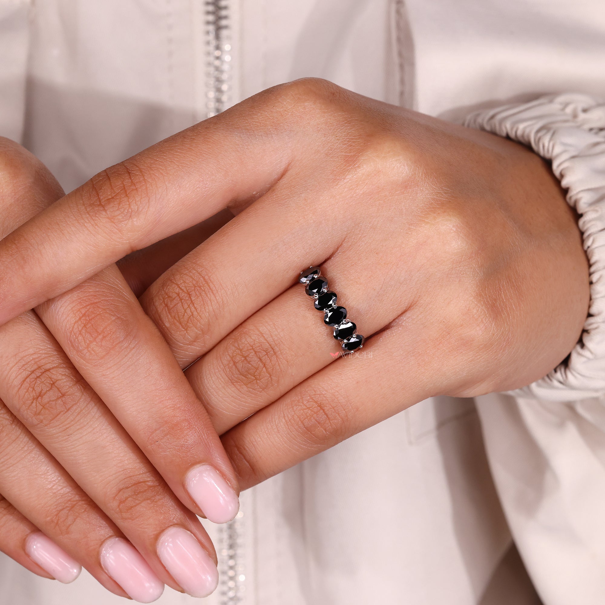 Half eternity wedding band and shared prong wedding band.
