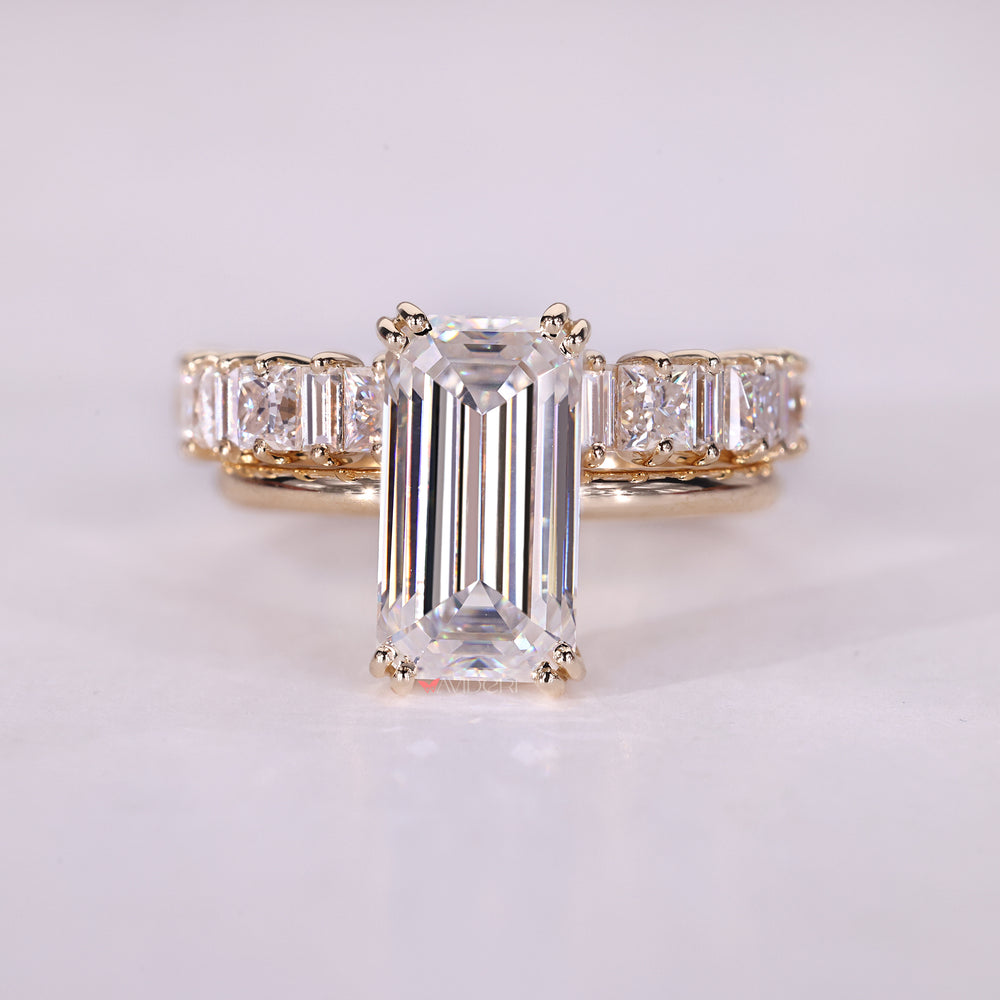 Prong set wedding band crafted with lab-created moissanite in a precise layout.
