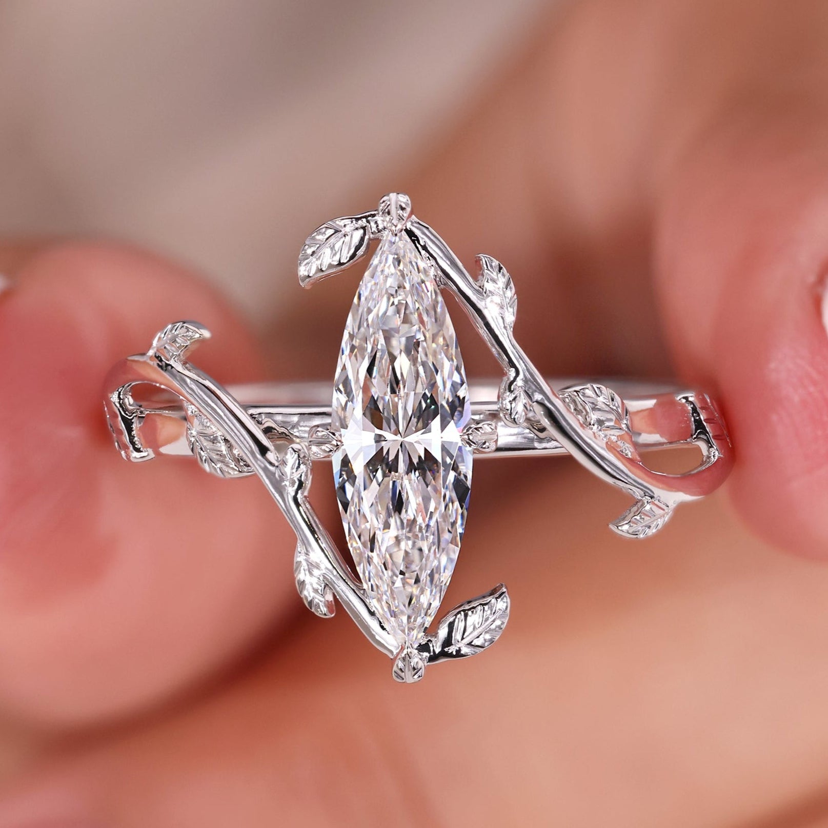 Marquise Diamond Ring in Nature Inspired Style
