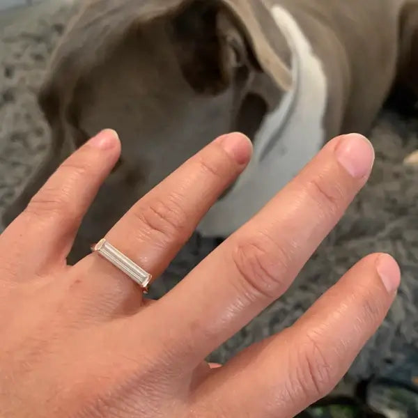 I was hesitant to make a purchase online especially when I was requesting a custom design for something I’ve never seen or can see in person. But after reaching out and getting a quote and my questions answered by Jay I decided to go for it. I’m glad I did. Jay made the process really smooth. He provided a CAD with exact measurements of what the setting and stone would be as requested. After the details were finalized they made the stone and sent me a short video. After I okayed it they made the setting and set the stone. From there it was only a few days before it arrived in California. I’m no expert but the Moissanite looks like a diamond to me. I’m super happy with it. I would purchase again in the future if in need and would definitely recommend Jay and the MoissaniteDove team to friends and family!