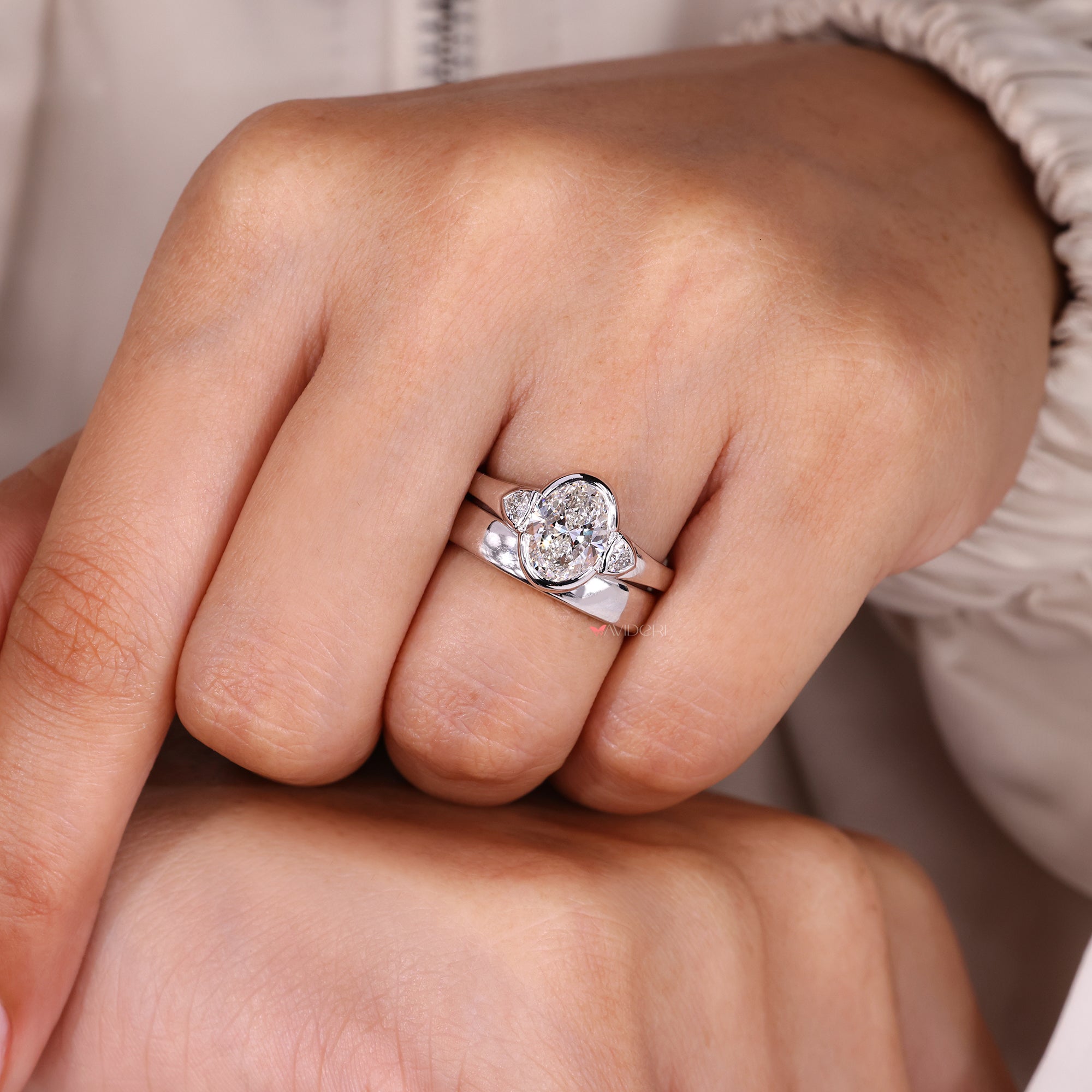 Comfort fit band paired with simple white gold wedding band.