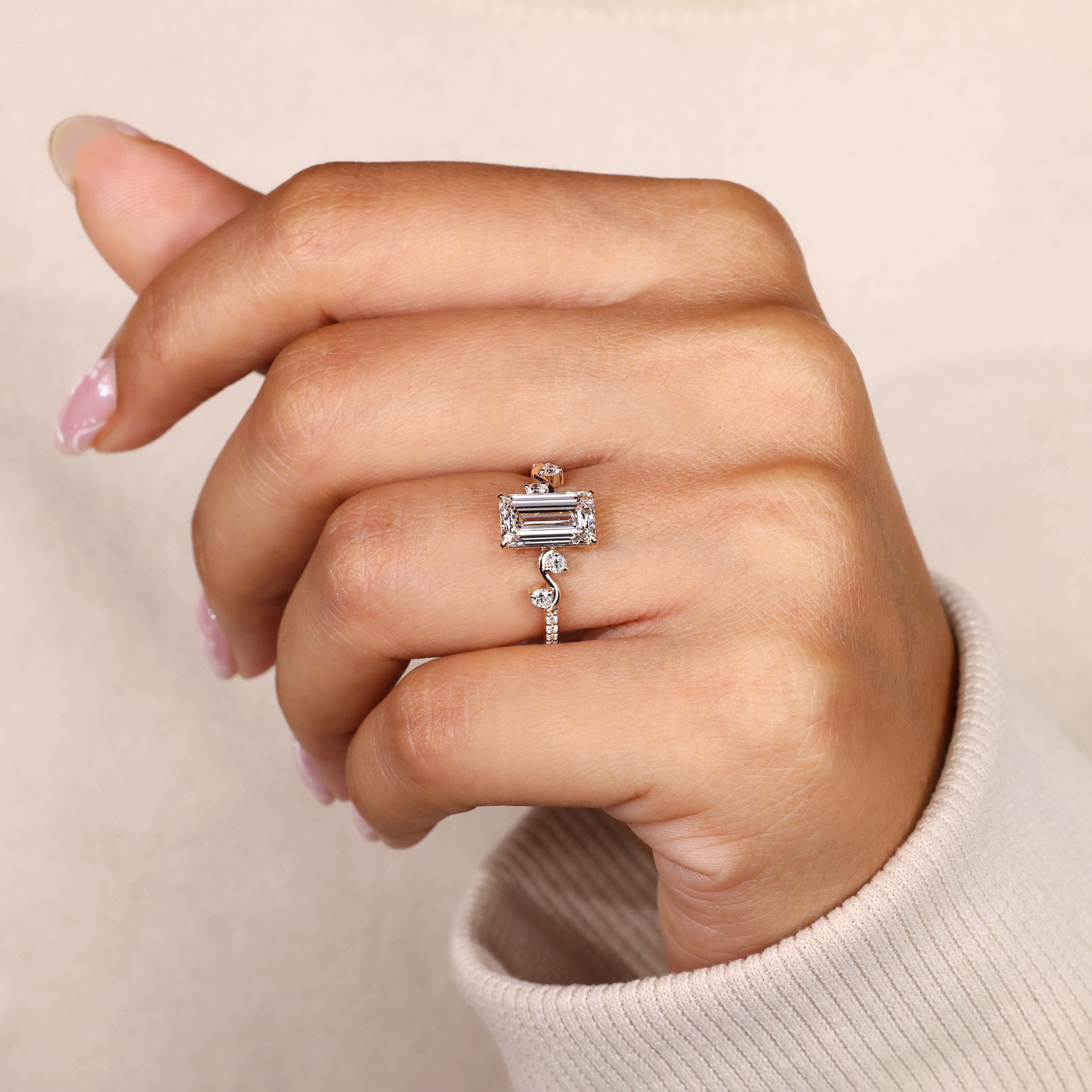 Marquise cut diamond ring with V prong setting.
