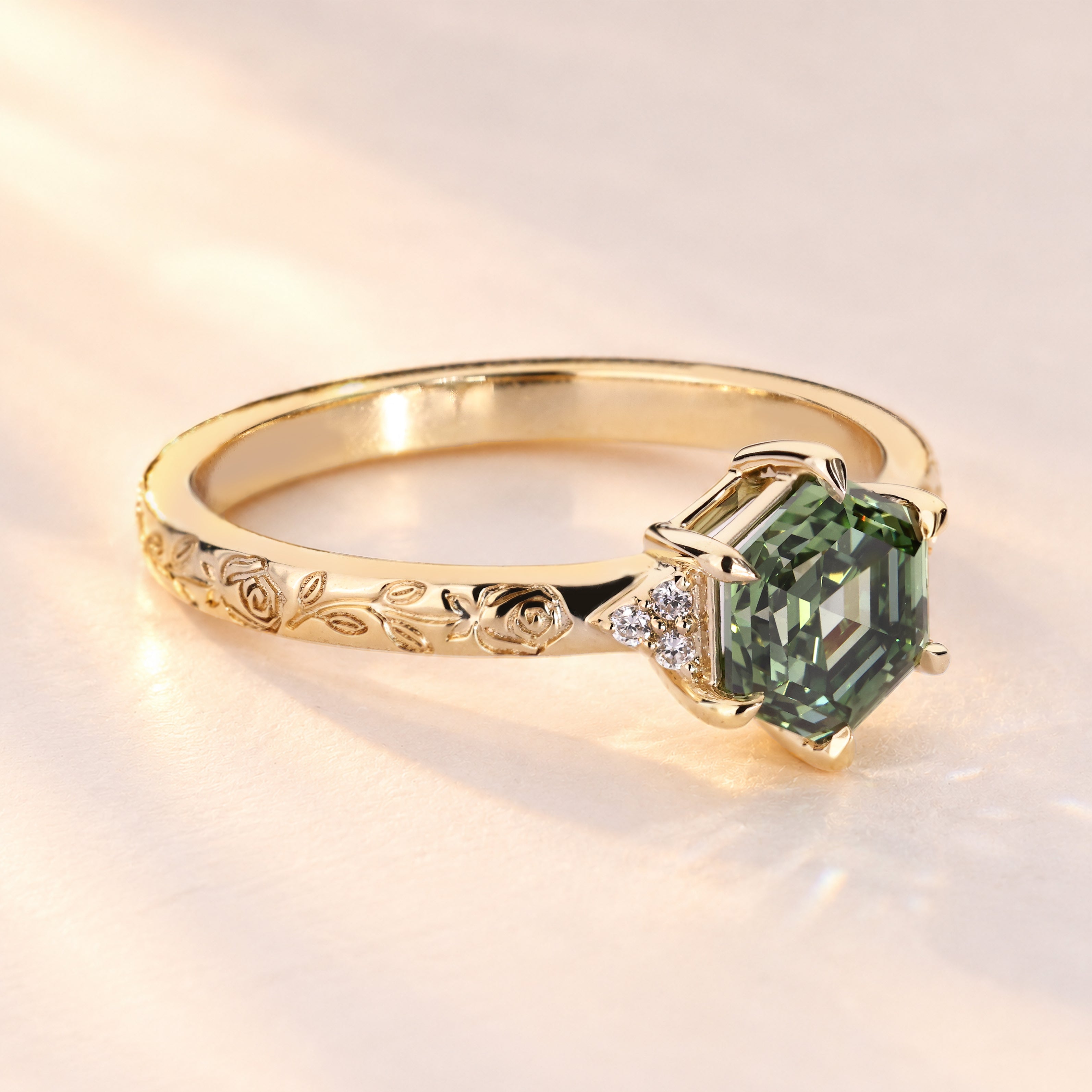 Handmade hexagon diamond ring with round side stones.
