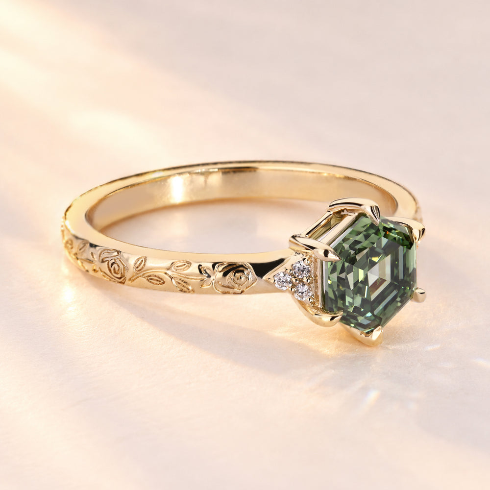 Handmade hexagon diamond ring with round side stones.
