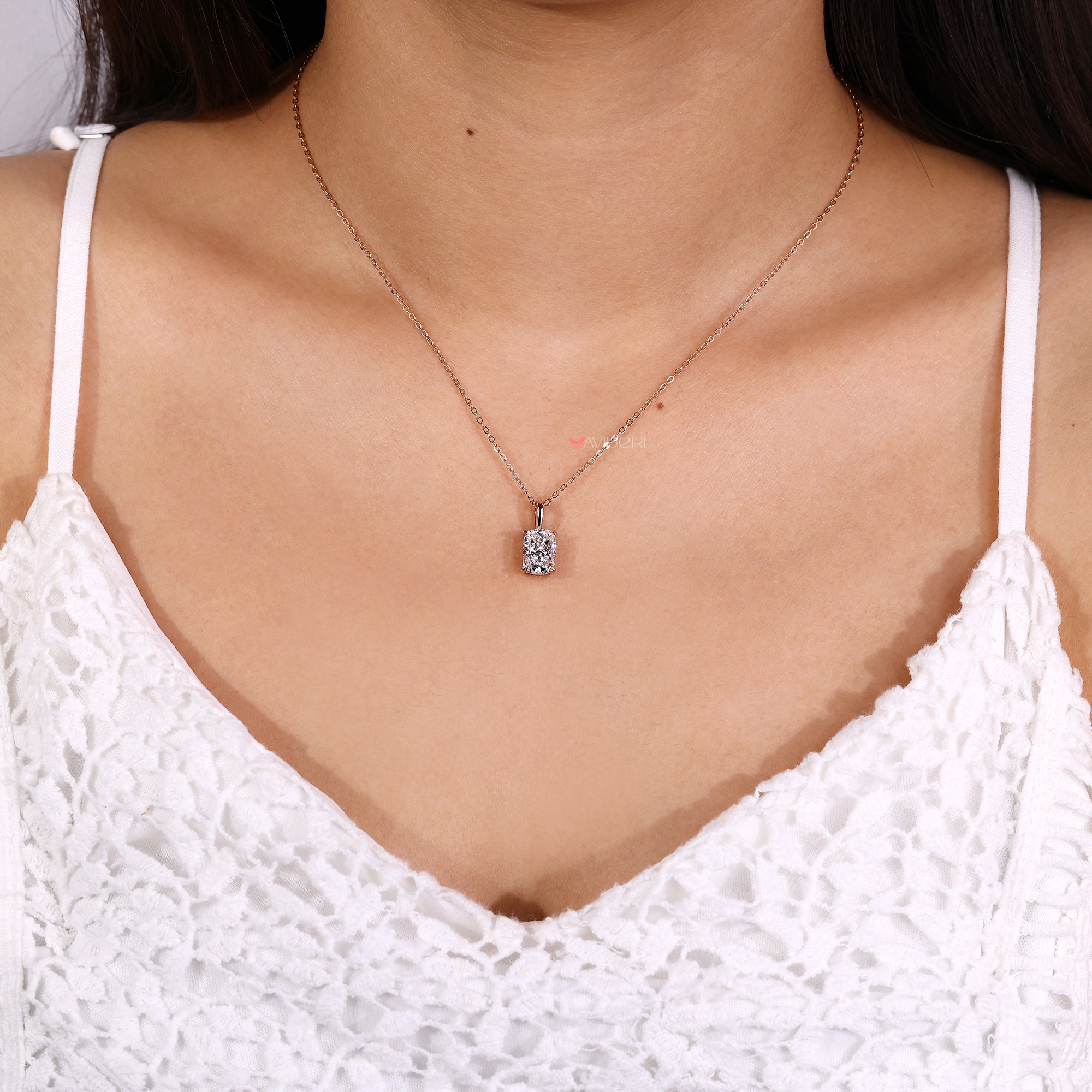 Cushion solitaire pendant featuring lab grown diamond stone.