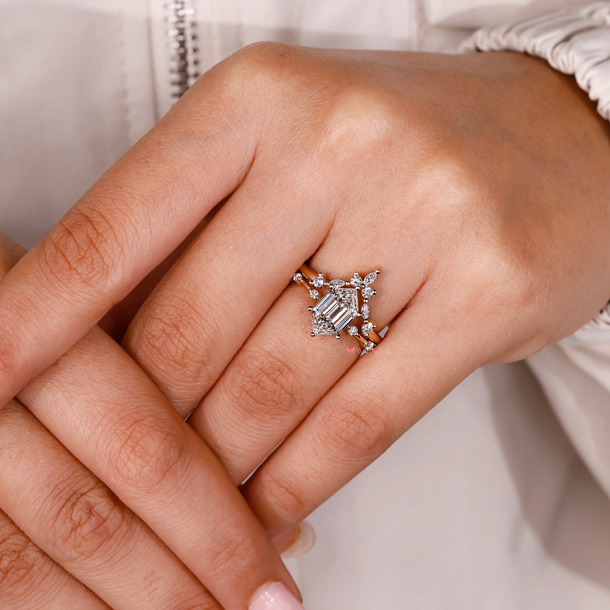 Round cut wedding band with marquise wedding band.