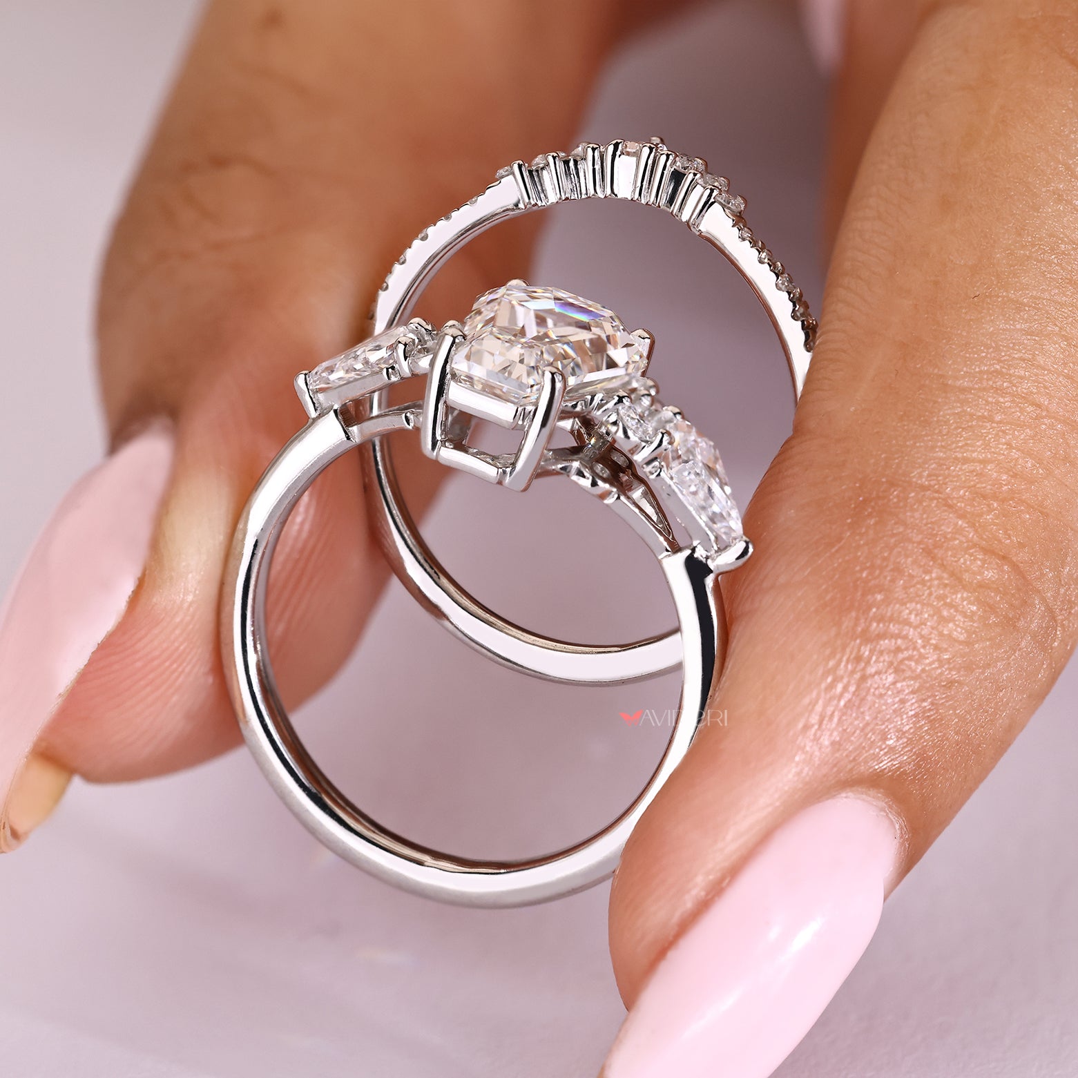 Coffin diamond engagement ring with semi eternity wedding band
