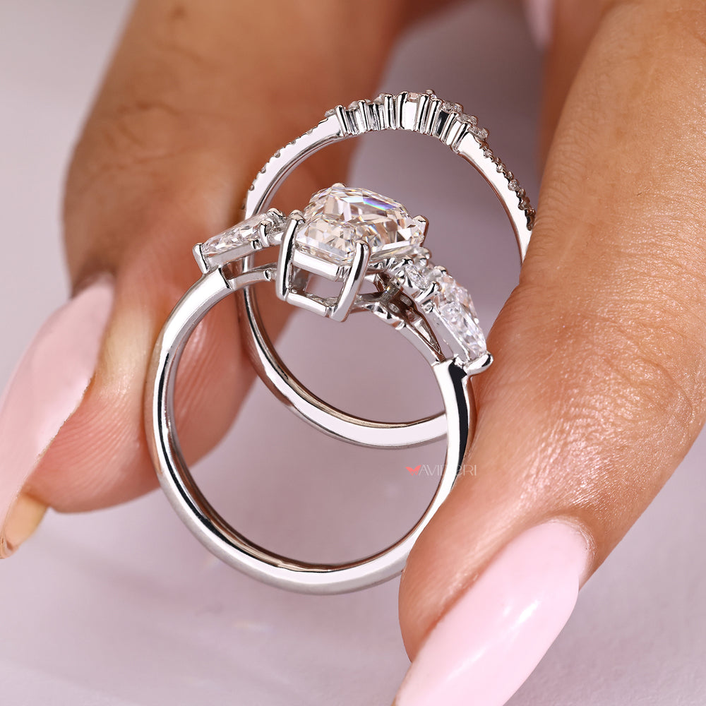 Coffin diamond engagement ring with semi eternity wedding band
