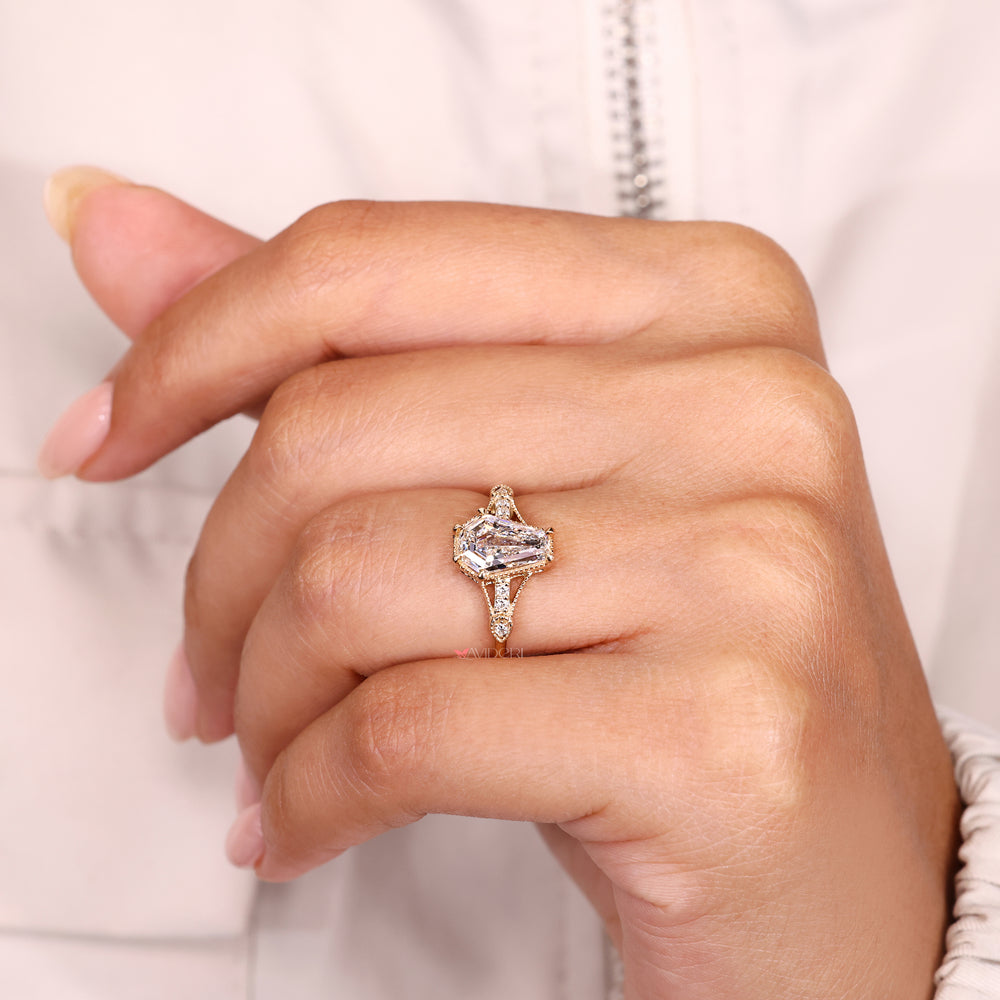 Handmade shield diamond ring with milgrain detail design.
