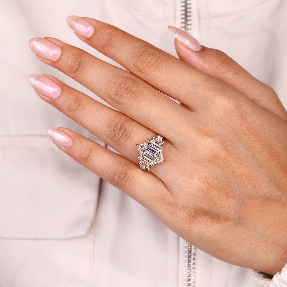 Lab grown diamond hexagon ring five stone style.
