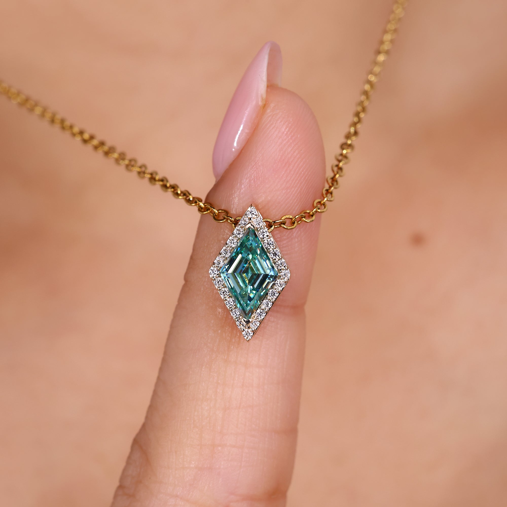 Handmade cyan blue moissanite necklace.
