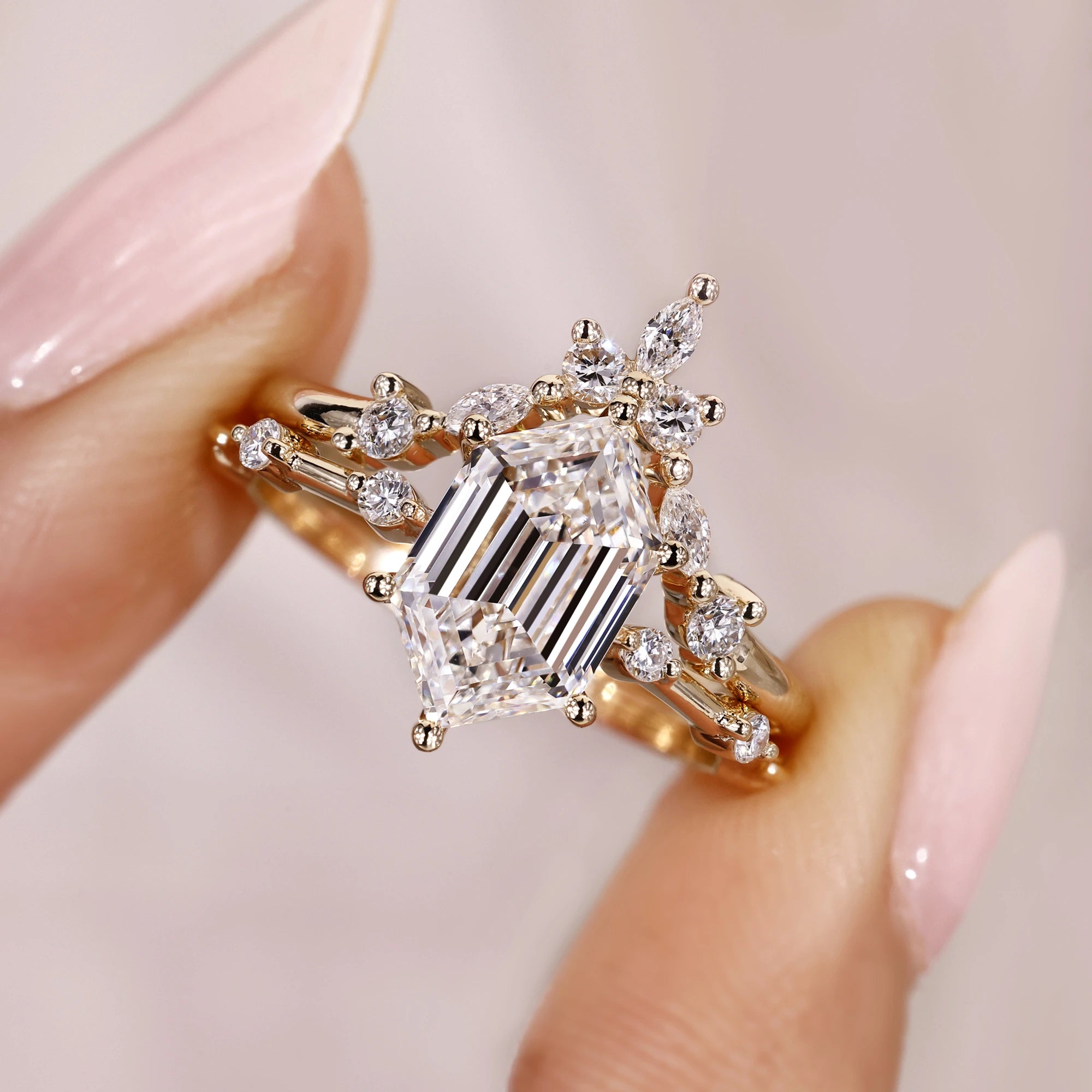 Tiara wedding band with round cut wedding band.