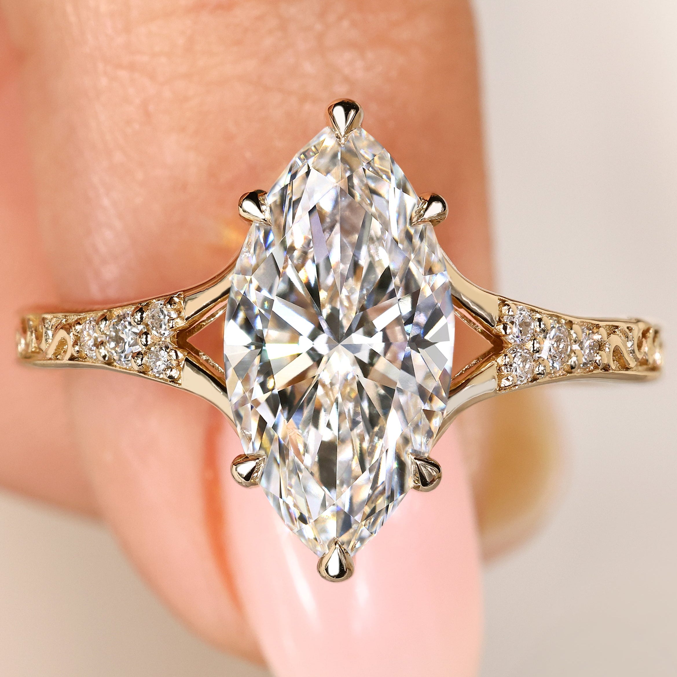 Marquise cut lab grown diamond ring with split shank
